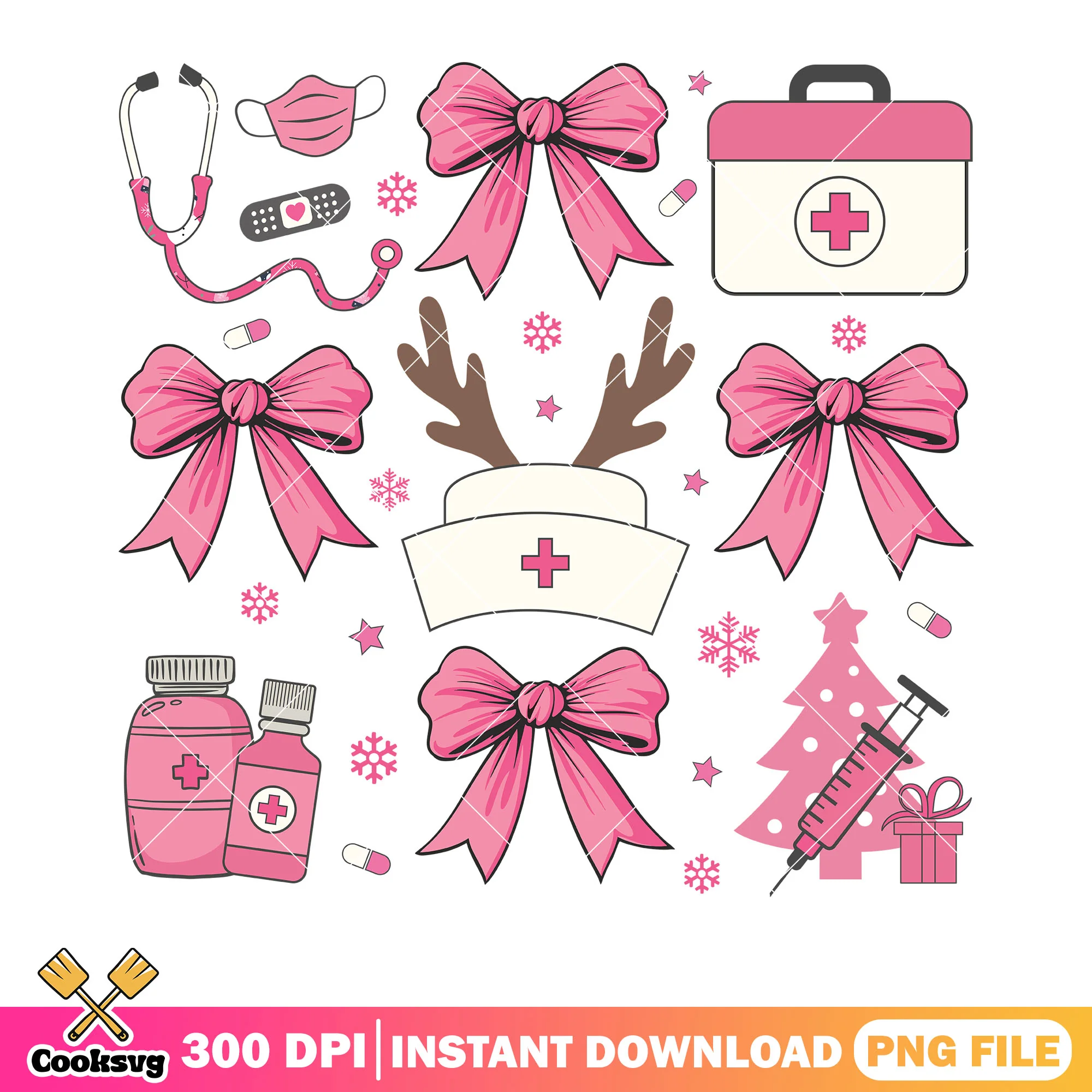 Nurse coquette pink christmas png, christmas bow png, merry xmas png