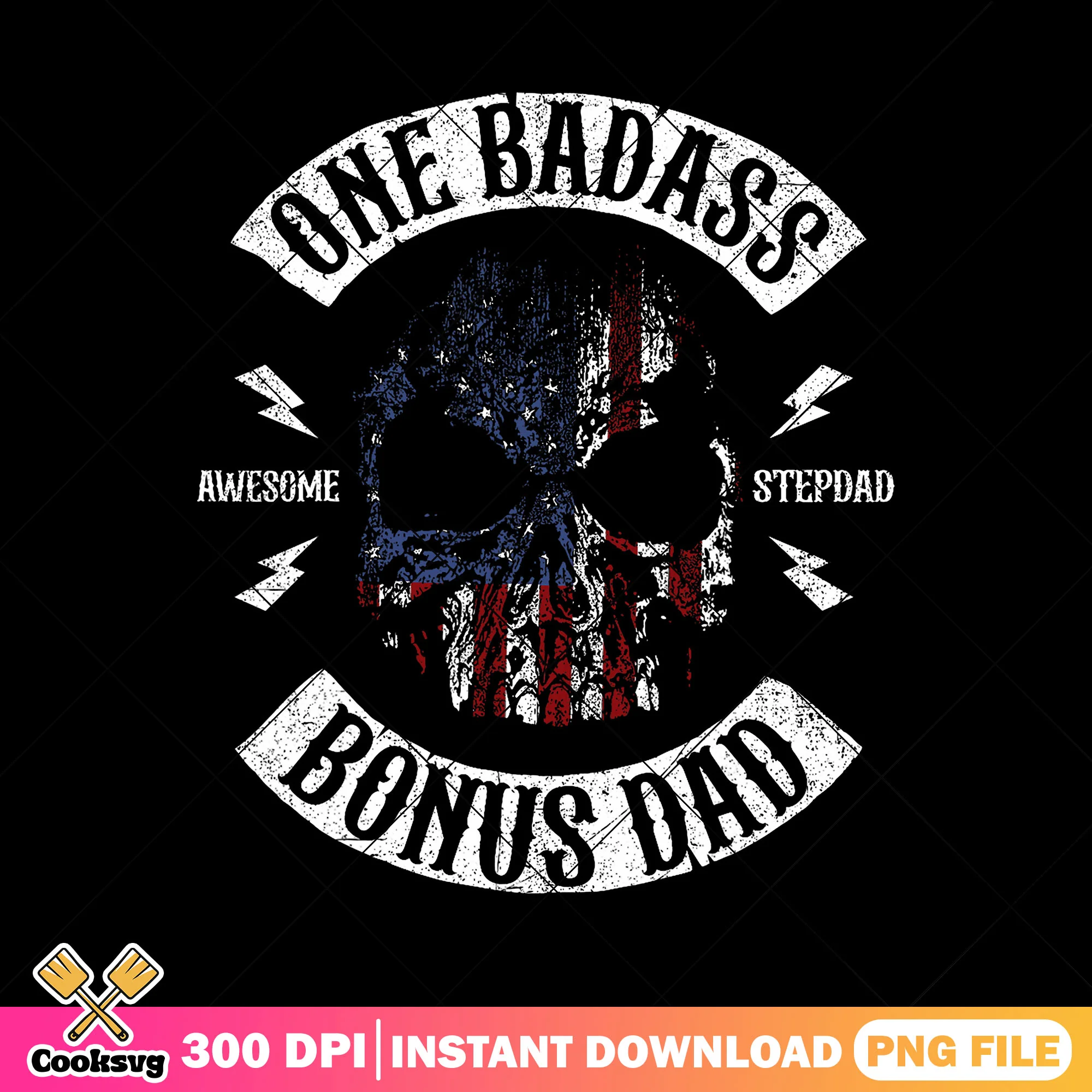 One badass stepdad bonus dad png, american flag skull png, father day png