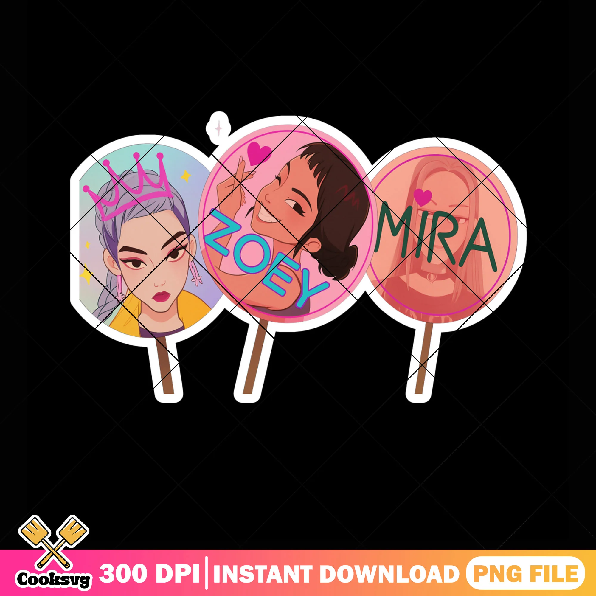 Paper fan huntrix design png sticker, huntrix member png, kpop netflix png