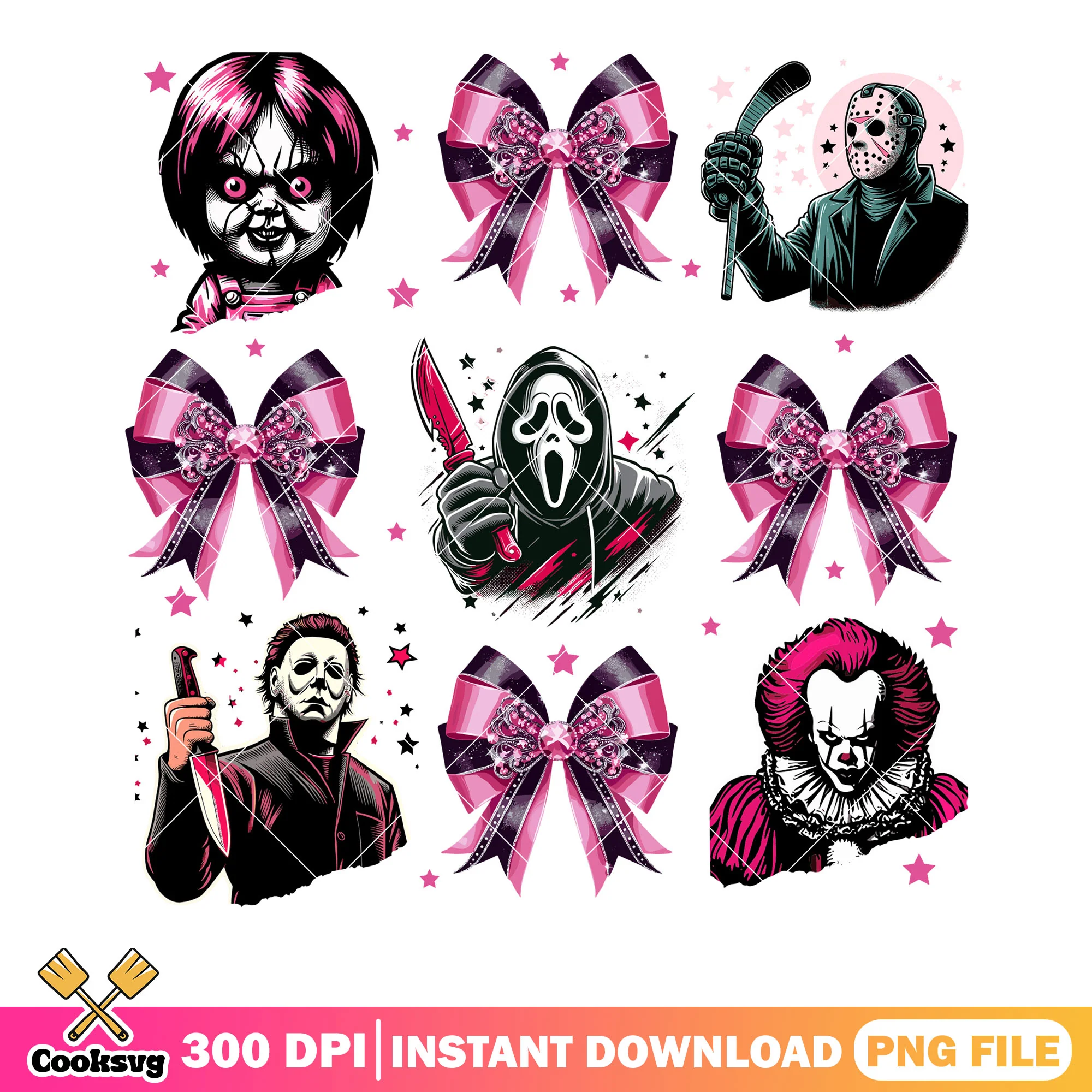 Pennywise and ghostface png, pink bow tie png, halloween scary png