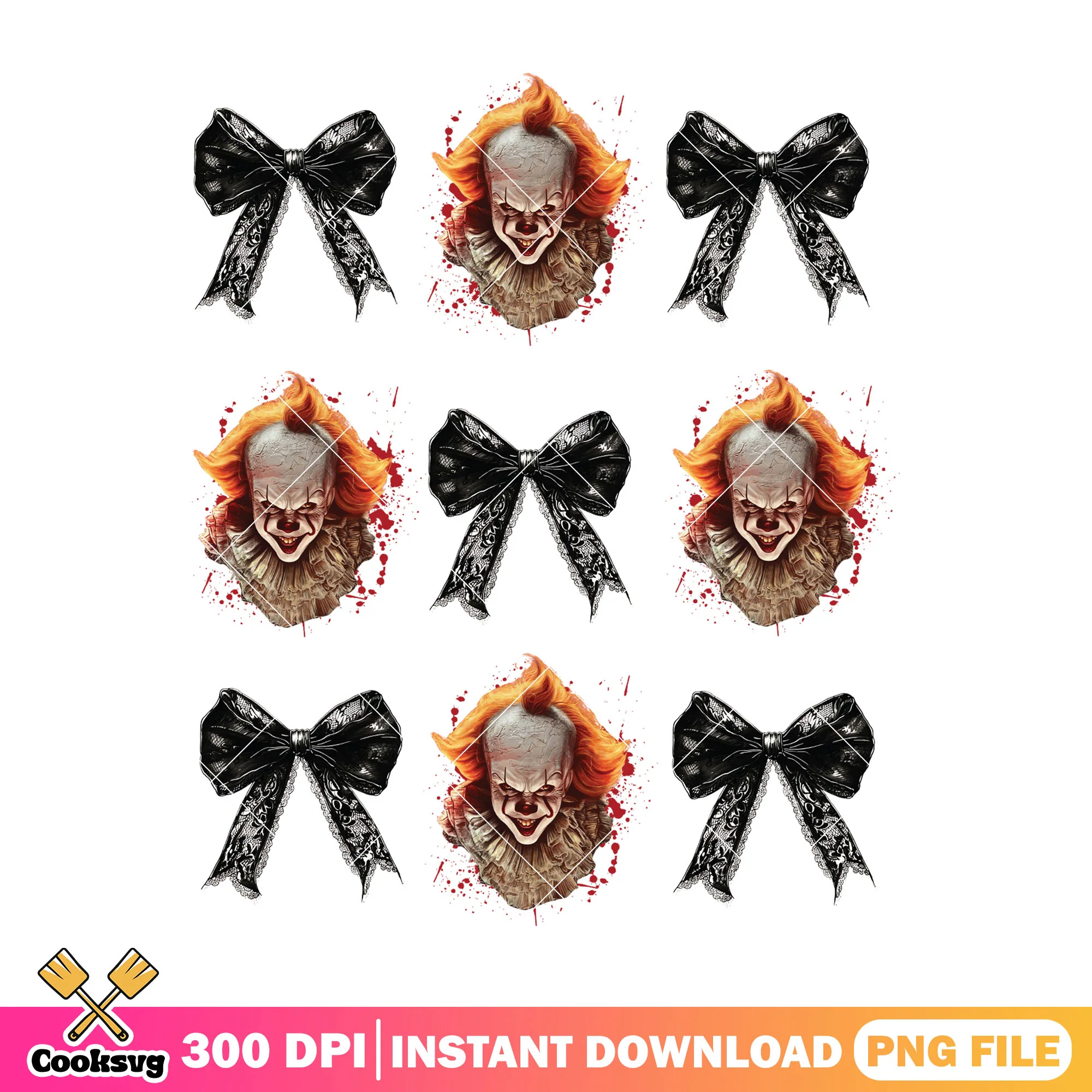Pennywise Clown and Bows Pattern png, horror png, halloween png