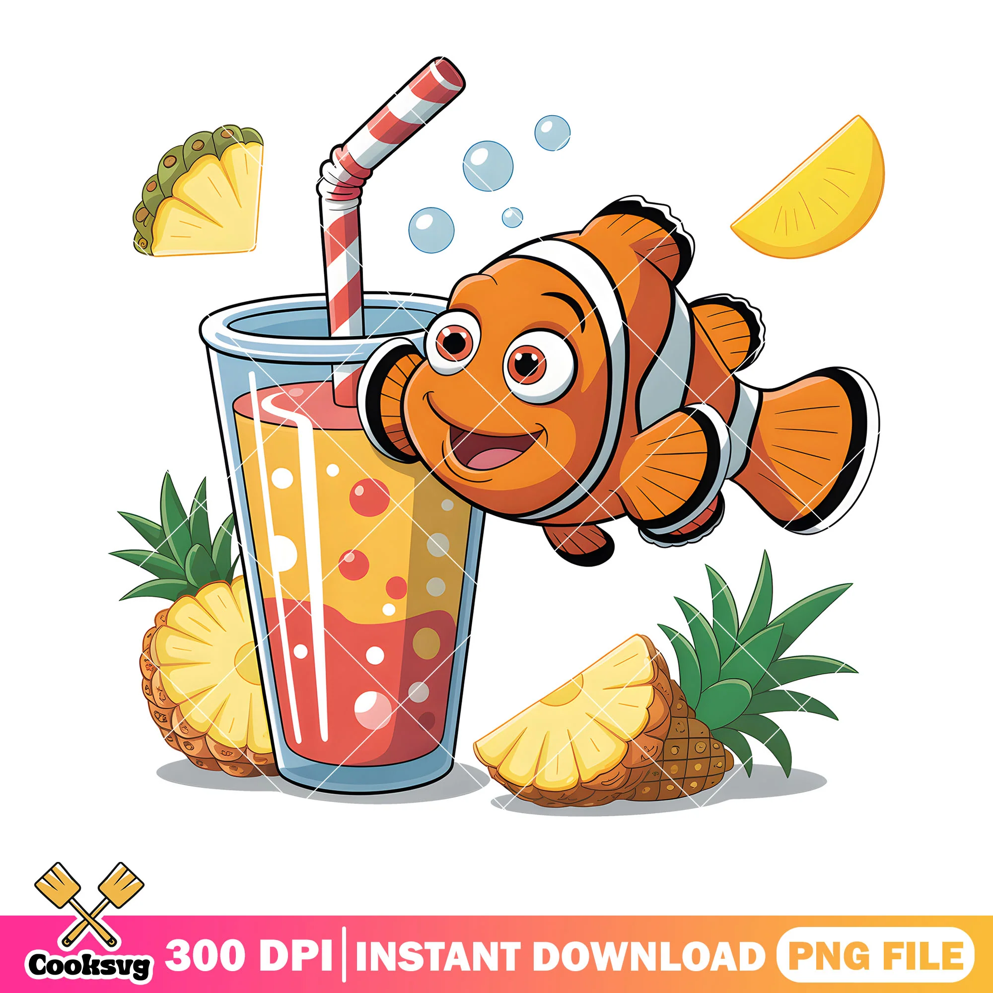 Pinapple soda nemo fish png, disney sticker png, clownfish nemo png