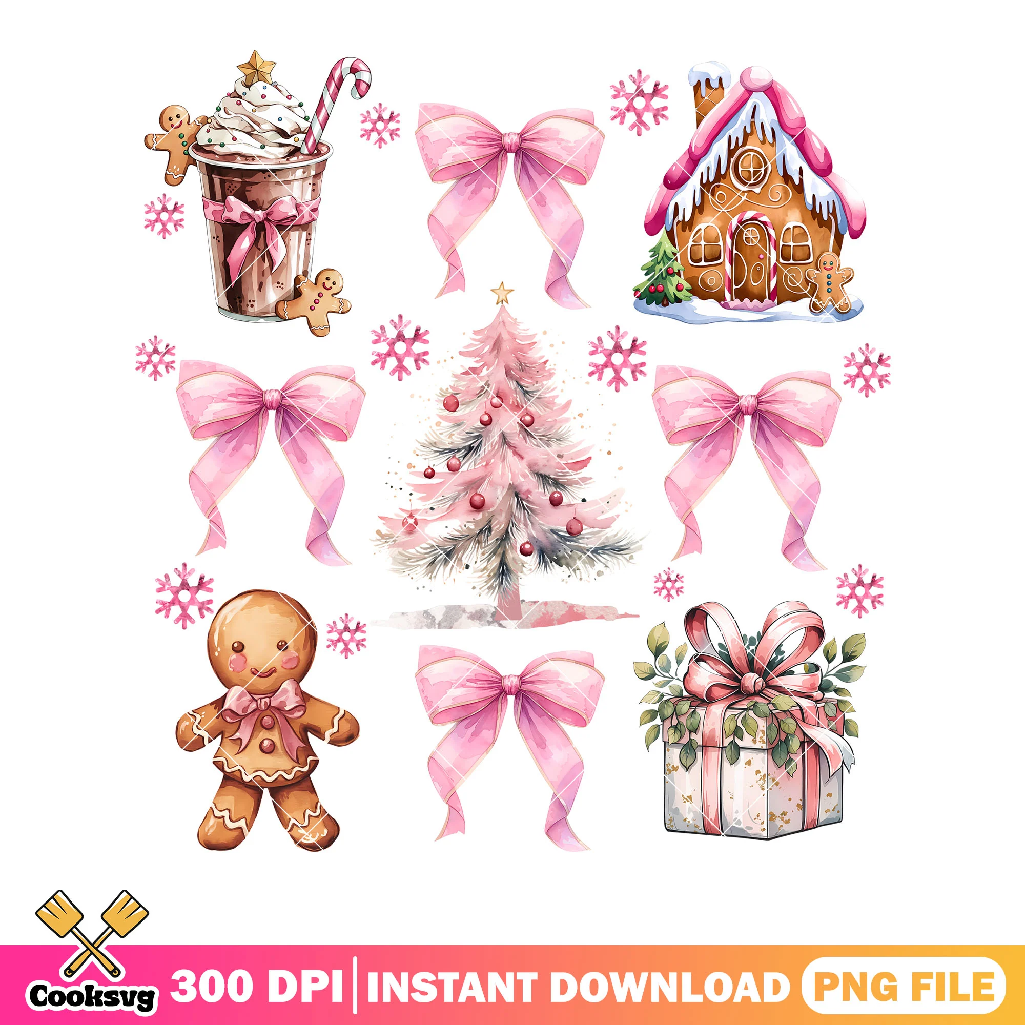 Pink coquette christmas png, gingerbread house png, pink tree png