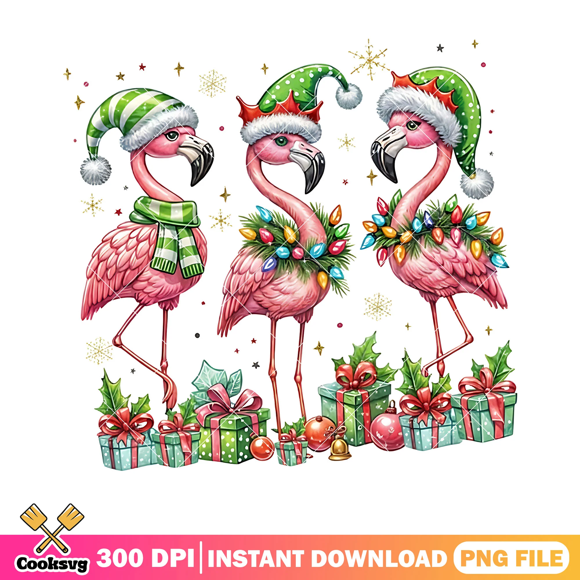 Pink flamingo christmas png, christmas gifts png, santa costume png