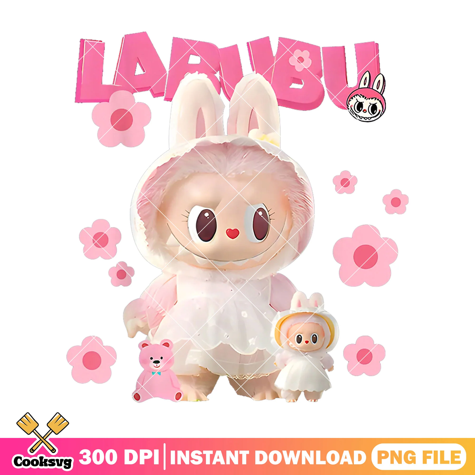 Pink labubu monster and flower png, pink labubu png, cute labubu png
