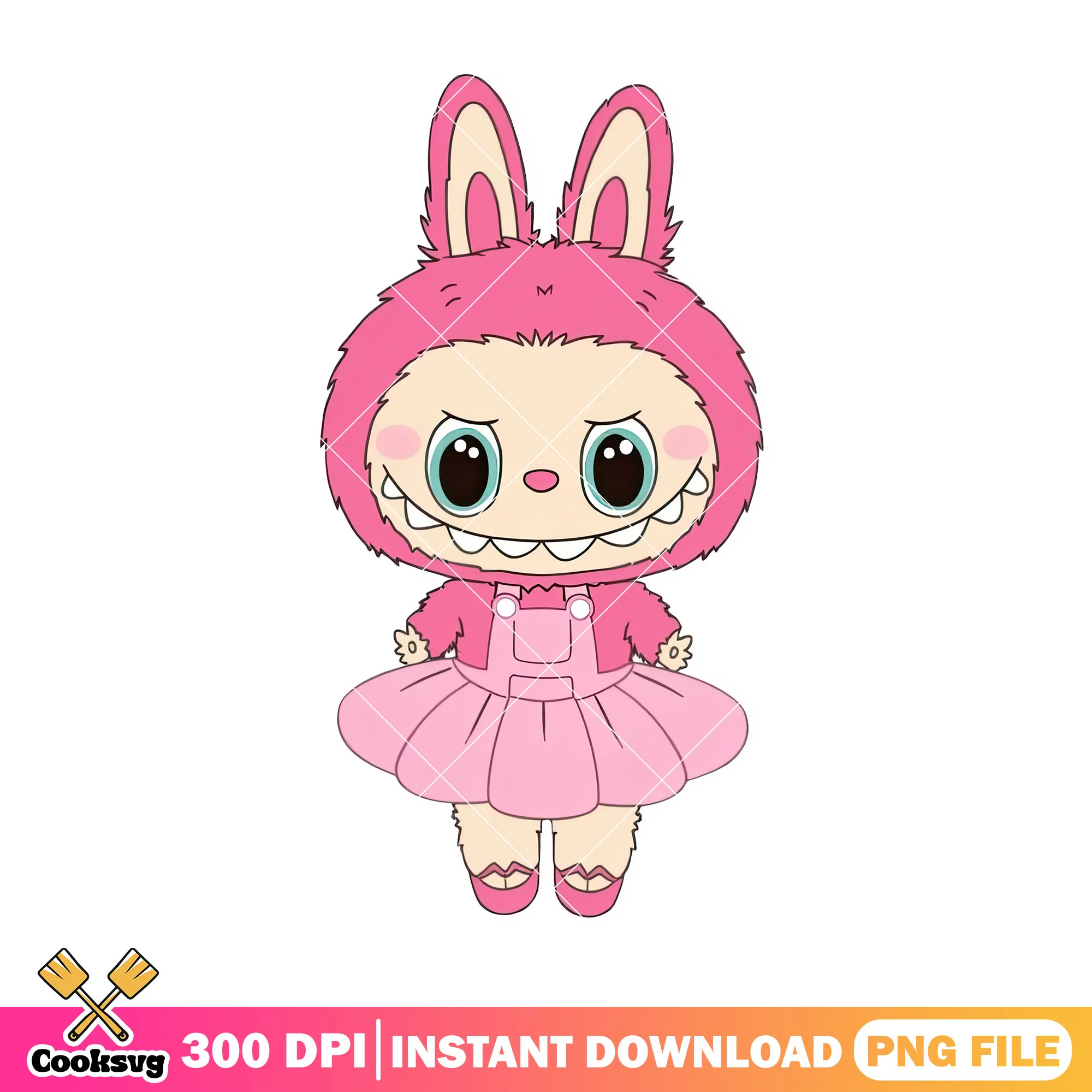 Pink labubu with nice dress png, labubu clothes png, labubu happy png