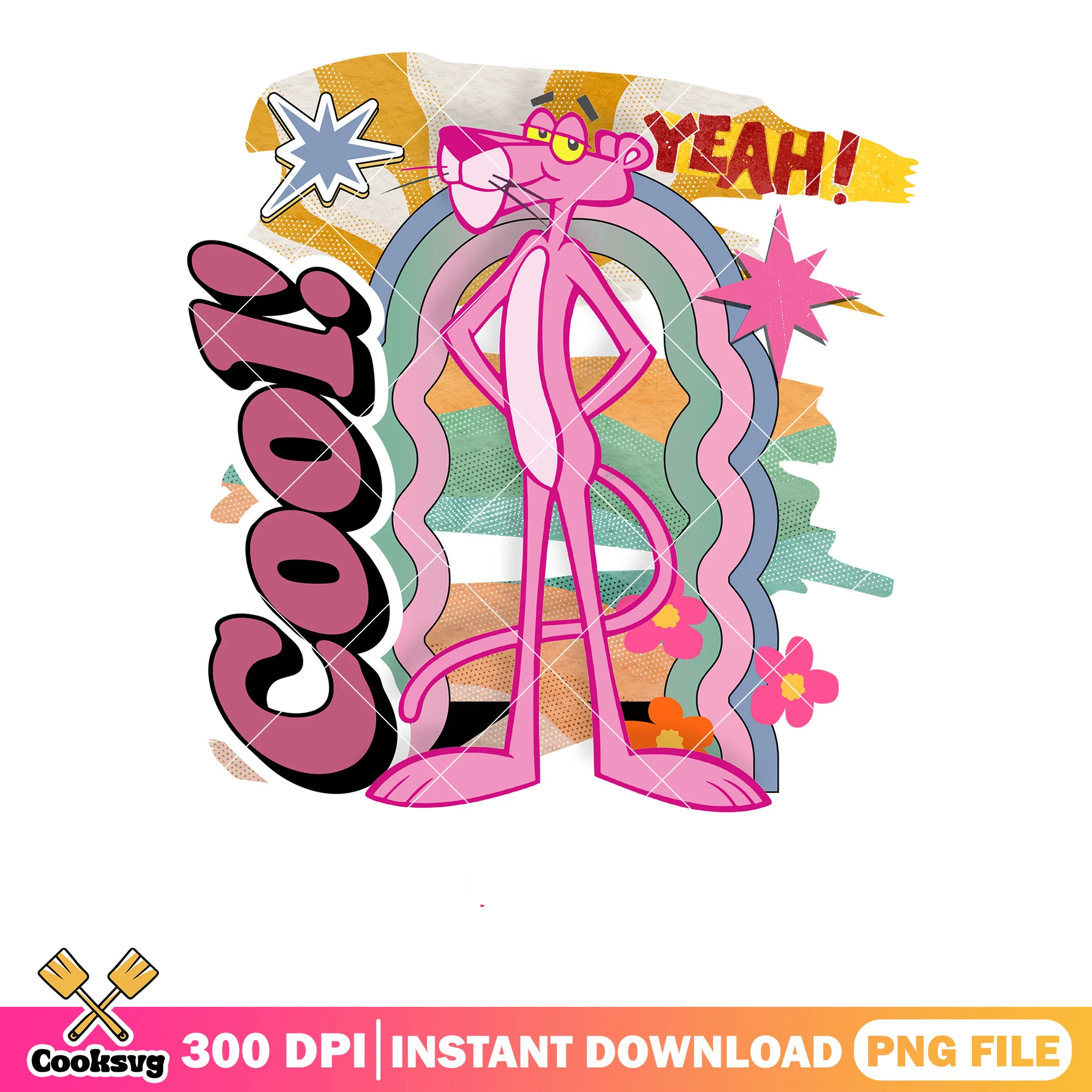 Pink Panther cartoon png, cool pose with rainbow png, cartoon network png