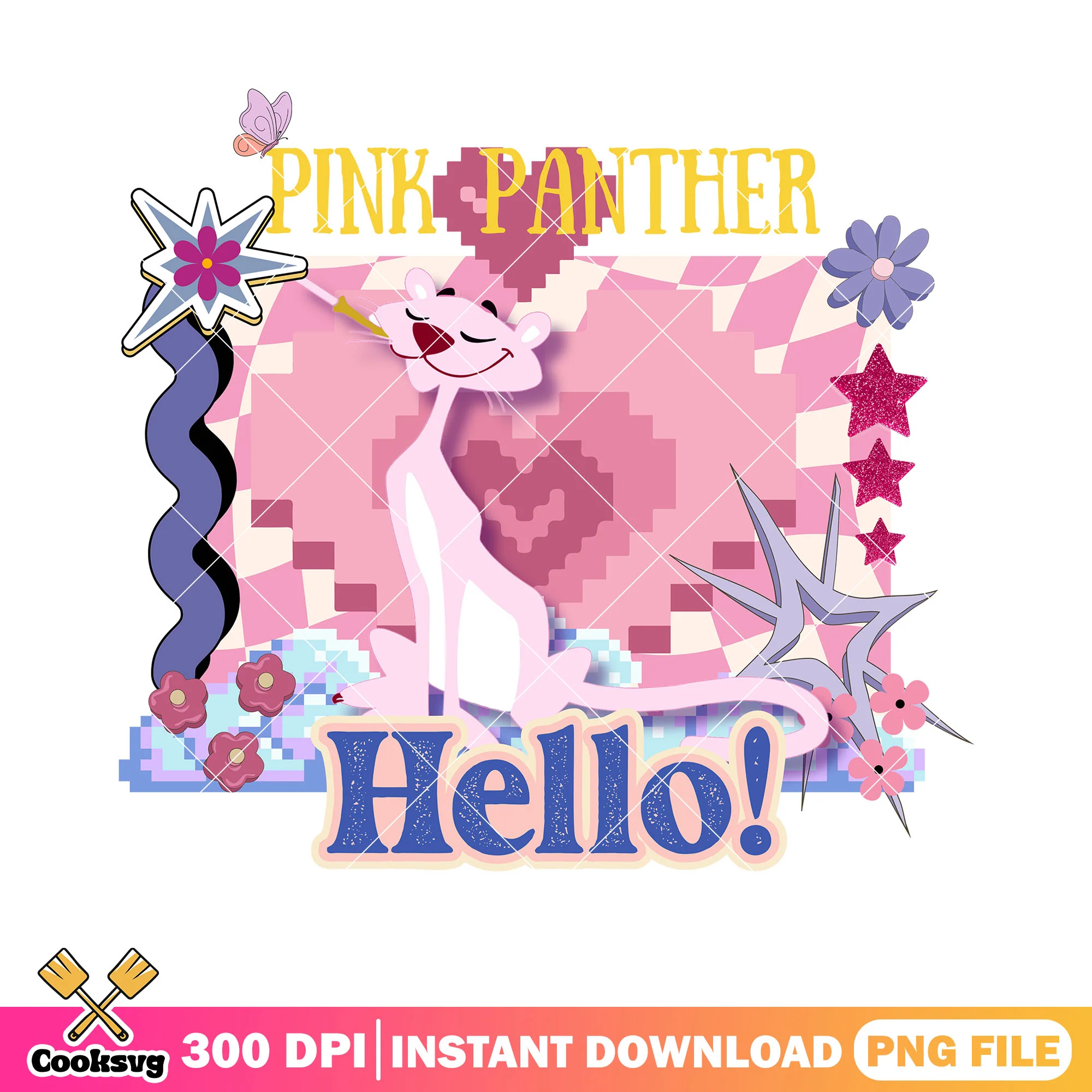 Pink panther hello png, retro art png, cirgarete png