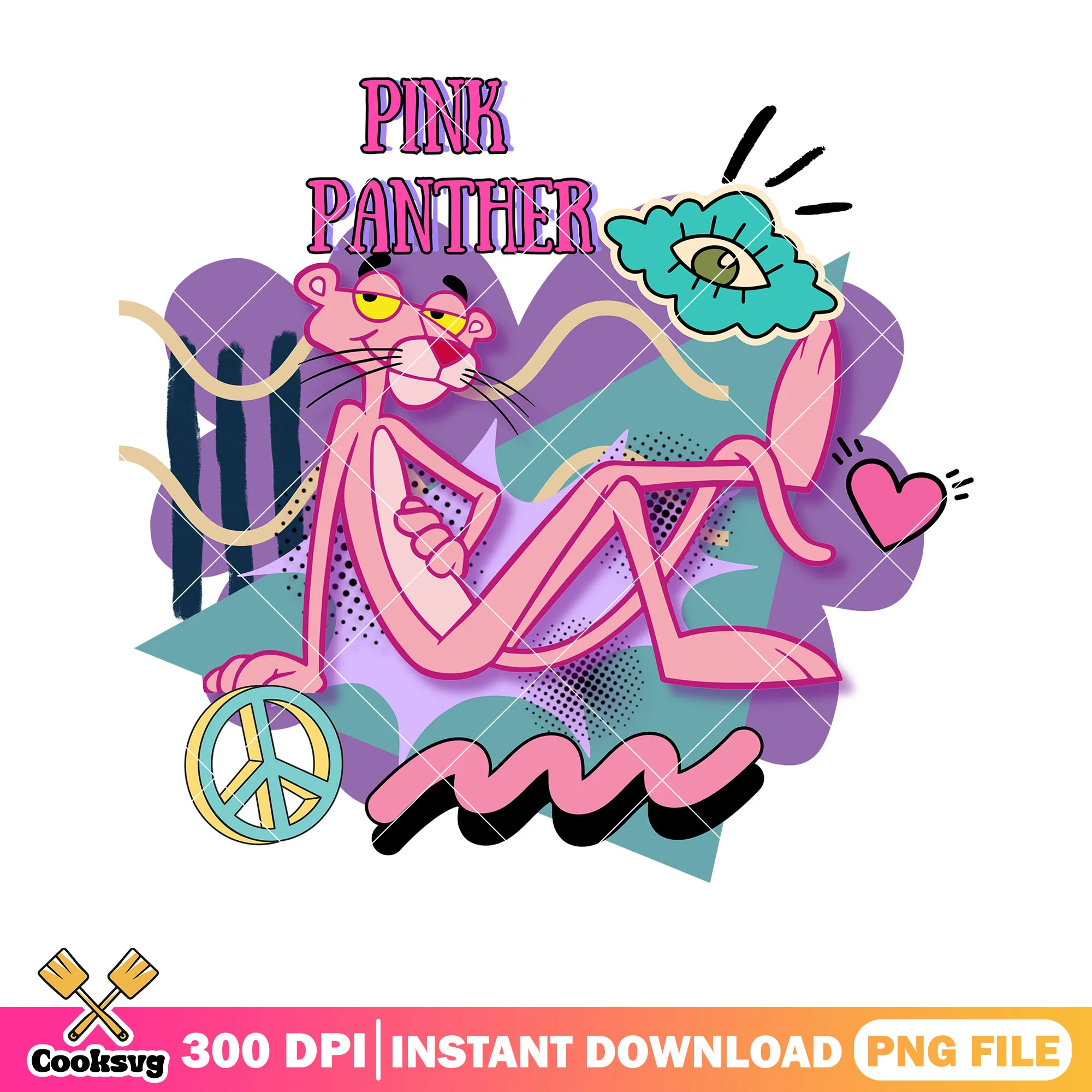 Pink panther peace sign png, pink panther retro png, cloud eye png