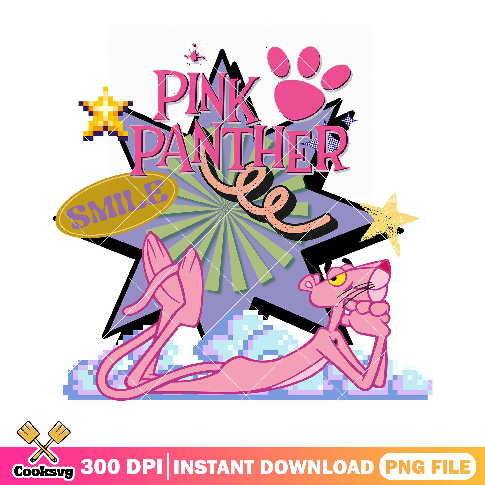 Pink Panther relaxing with stars and smile text png, cartoon png
