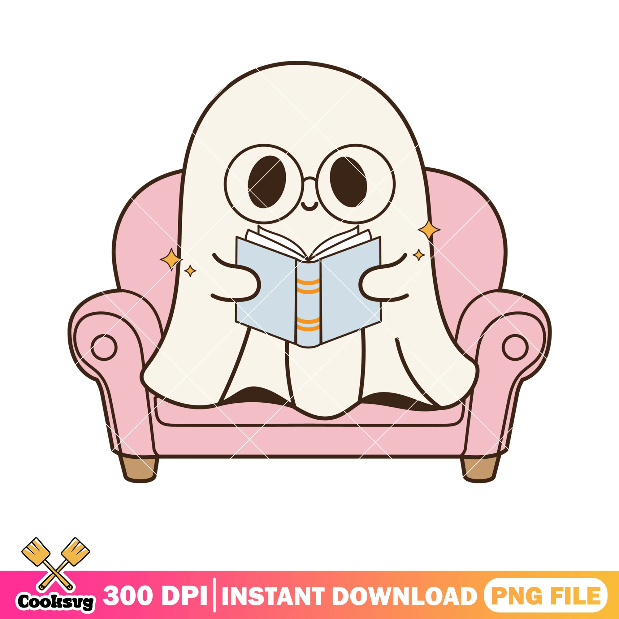 Pink sofa reading book png, ghost costume png, halloween scary png