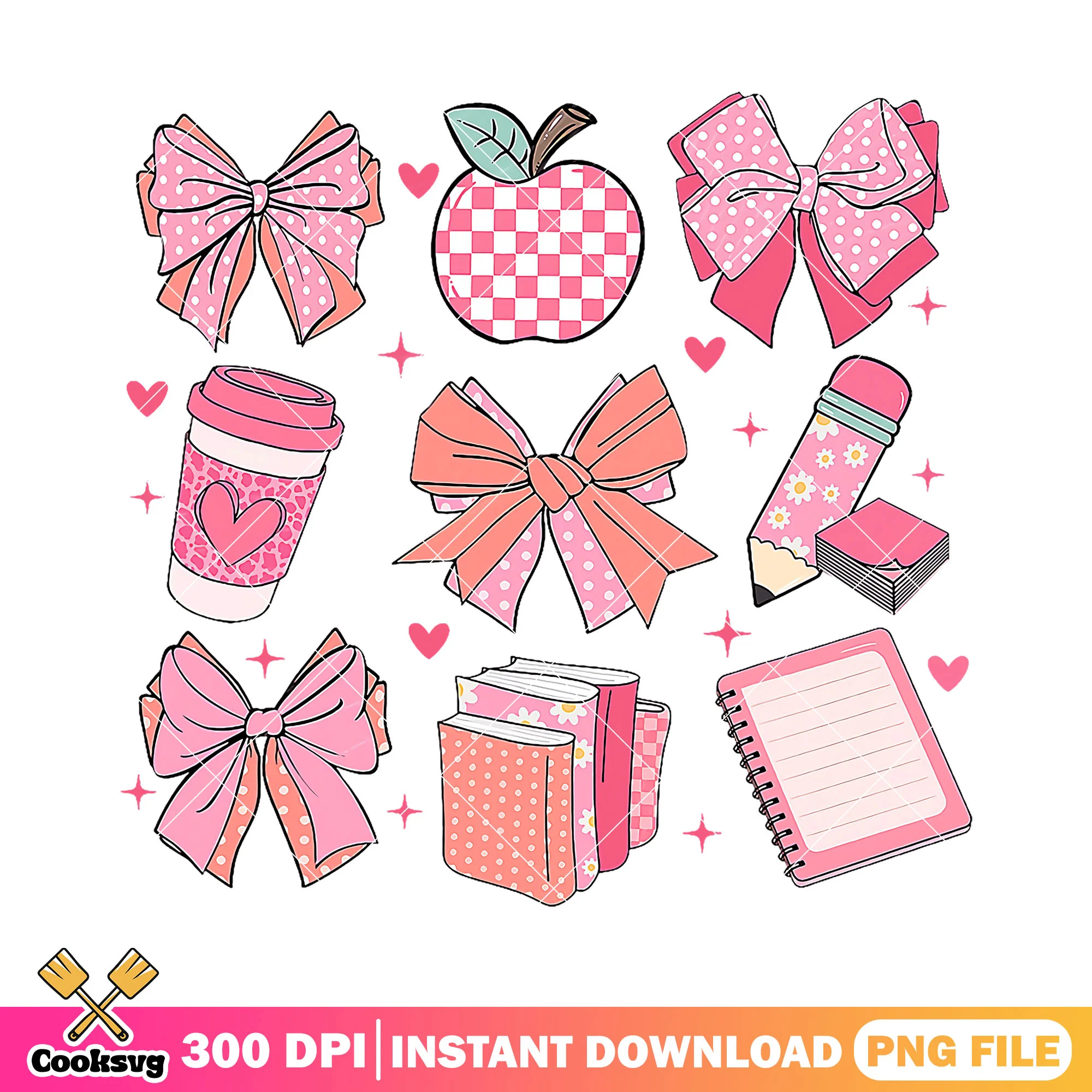 Pink study supplies png, bows cute png, go back to school png