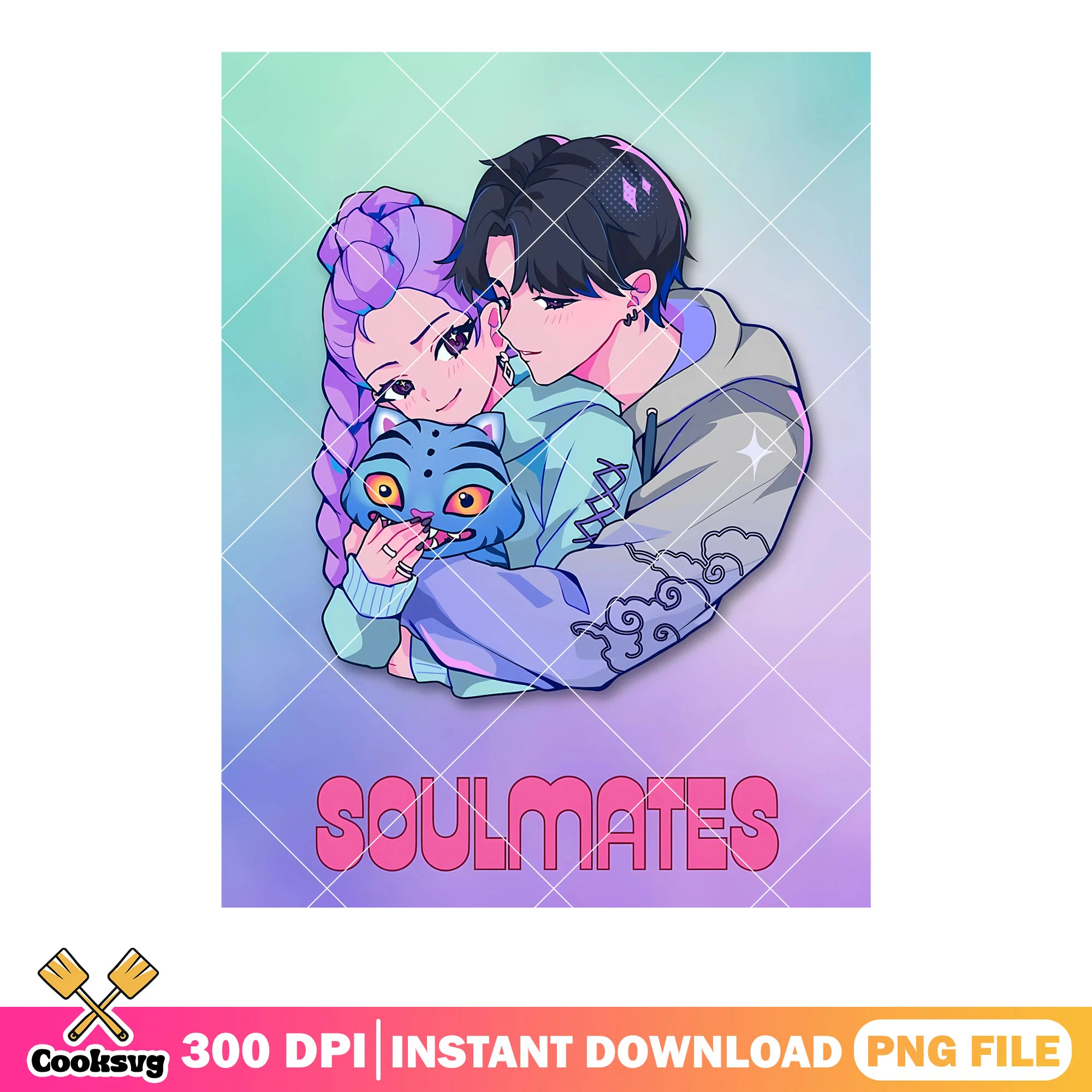 Poster couple rujinu png, jinu hugging rumi png, jinu tiger png