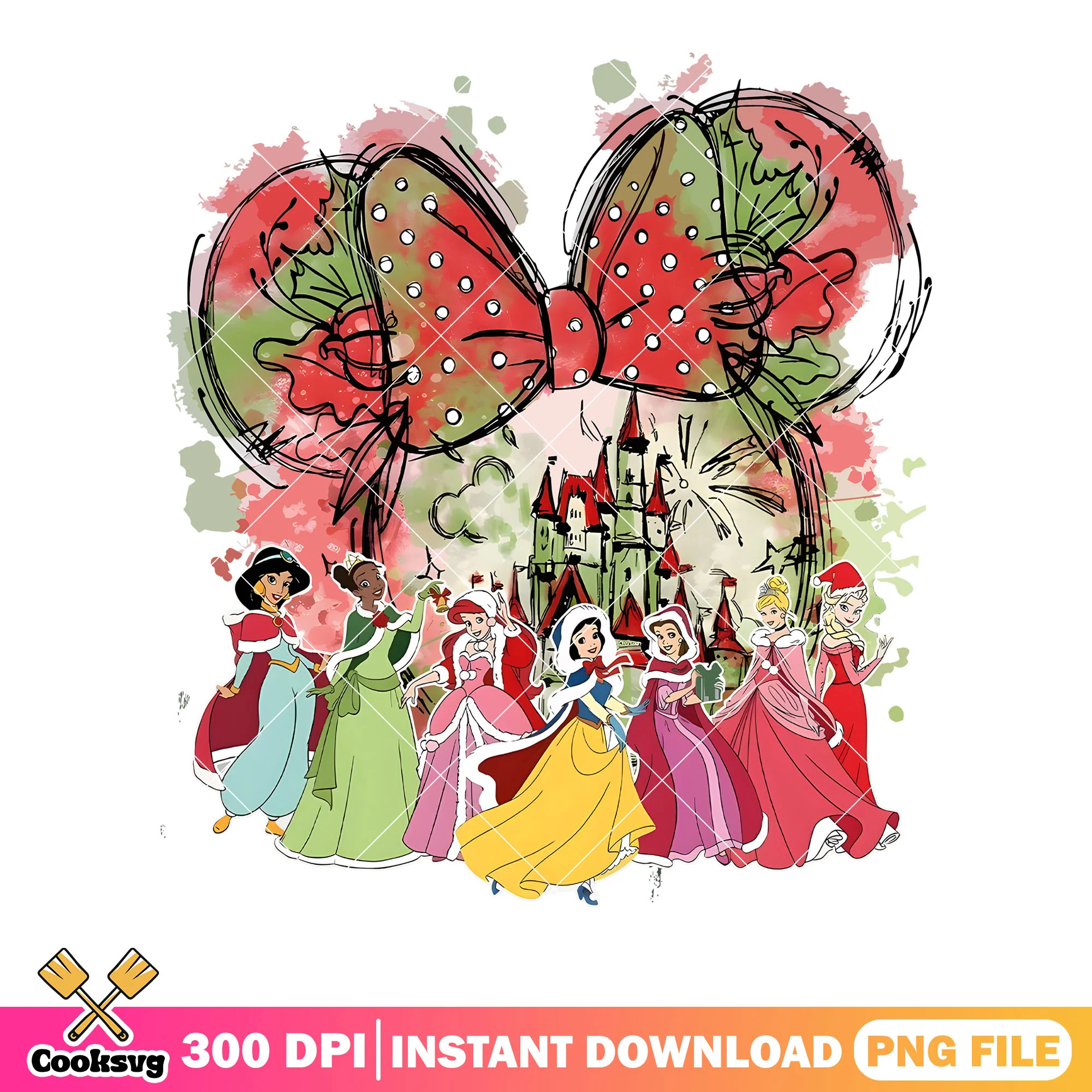 Princess christmas watercolor png, color bow castle png, tiana png