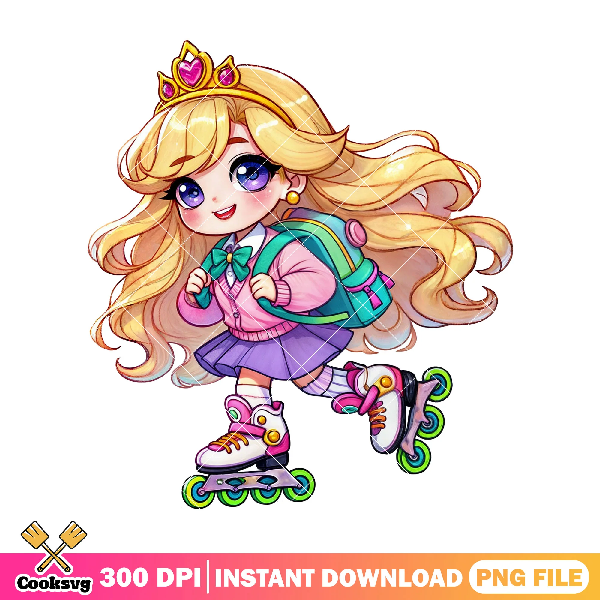 Princess go to school png, back to school art png, cute girl png