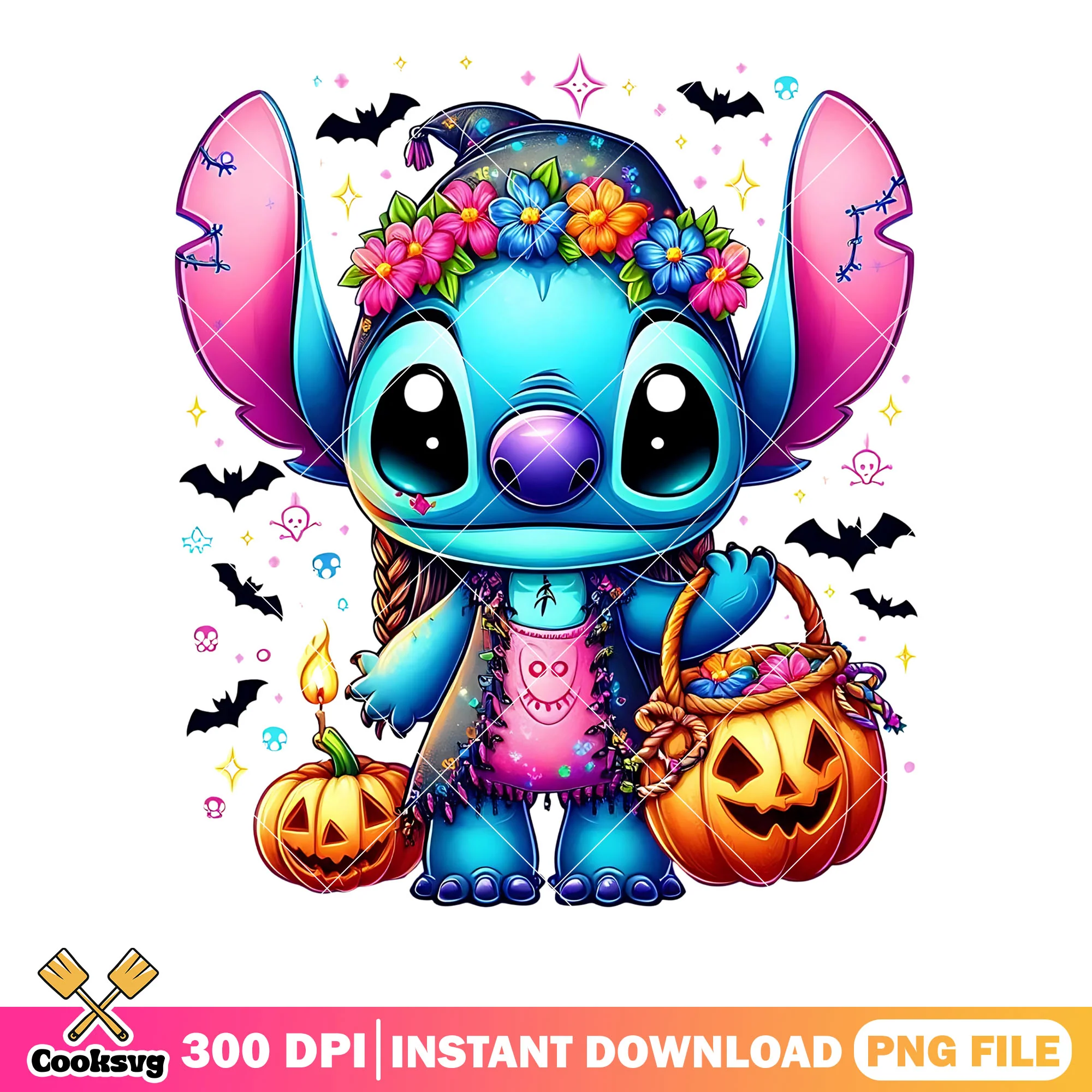 Pumpkin basket stitch  png, scary halloween png, scary bats png