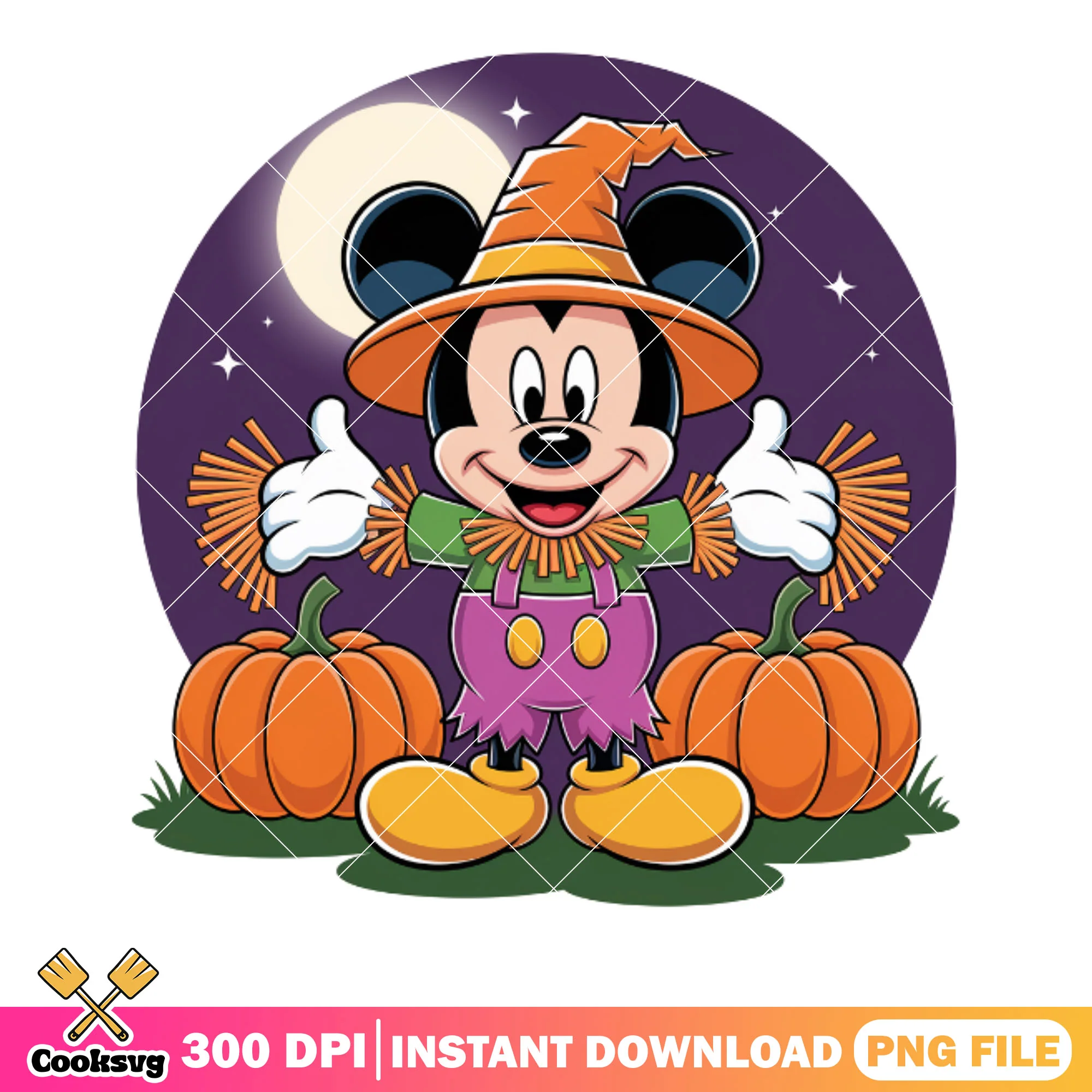 Pumpkin garden in the night png, mickey mouse png, full night moon png