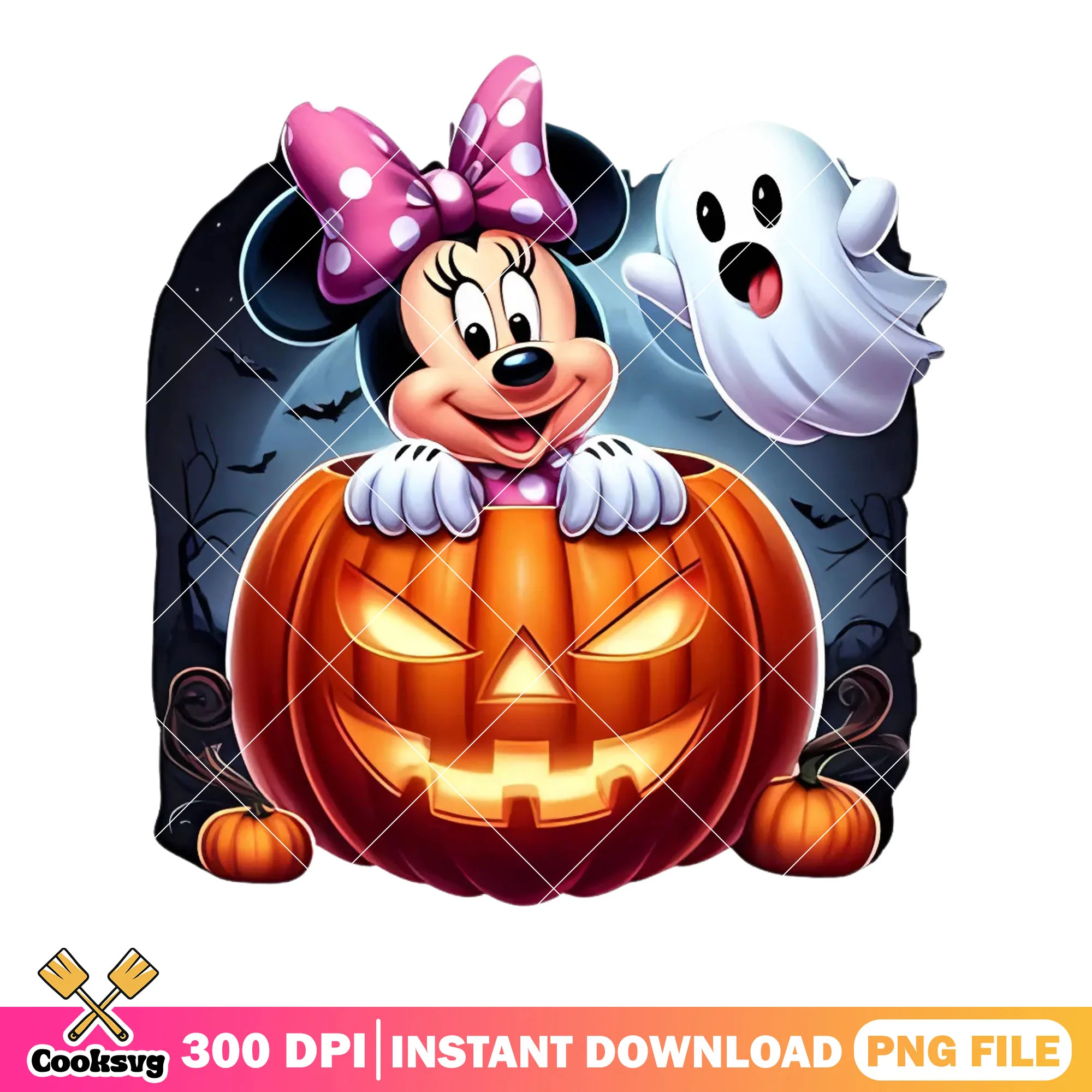 Pumpkin minnie in forest png, jack o lantern png, ghost baby png