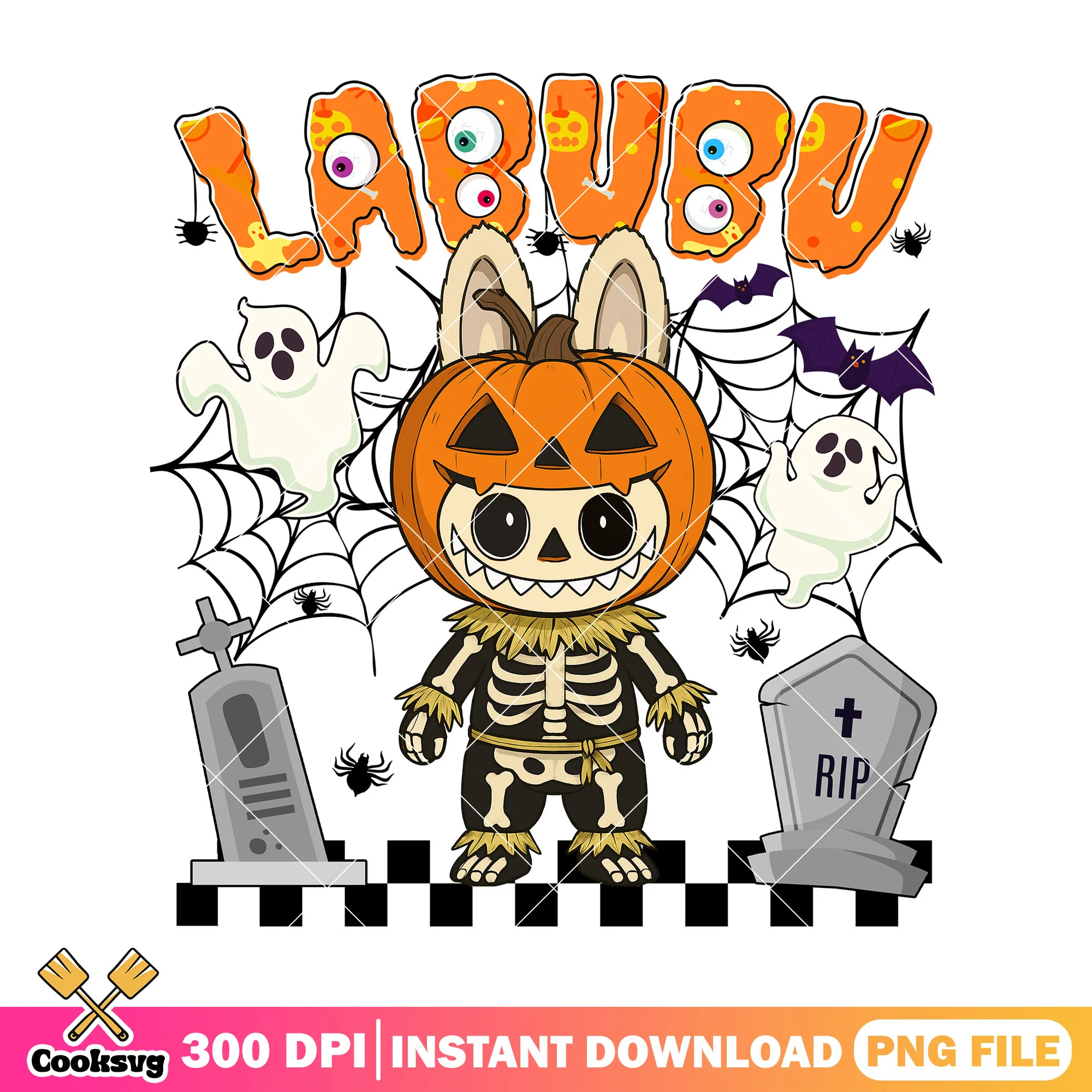 Pumpkin skeleton labubu png, labubu costume png, macaron labubu png
