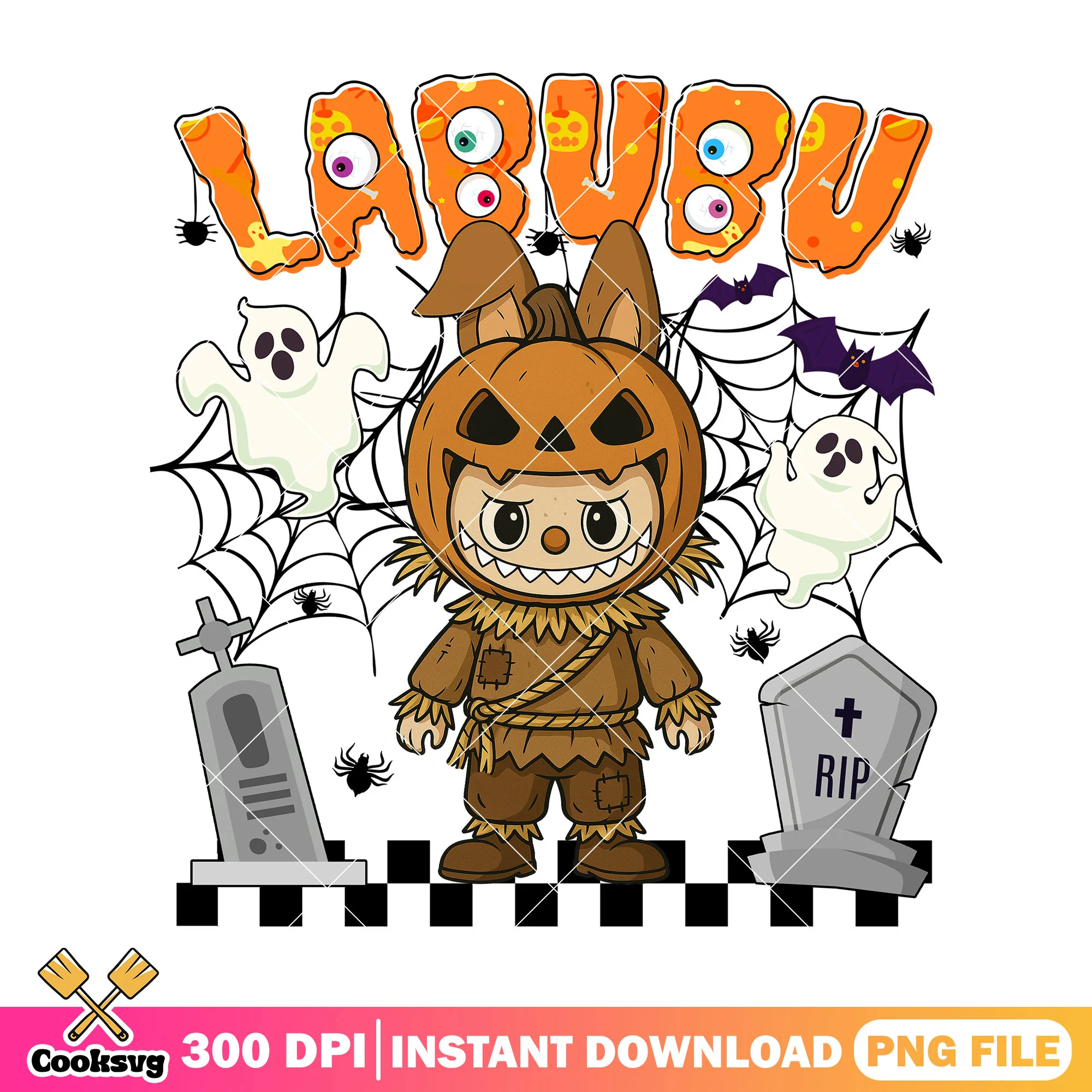 Pumpkinman labubu halloween png, labubu costume png, macaron labubu png