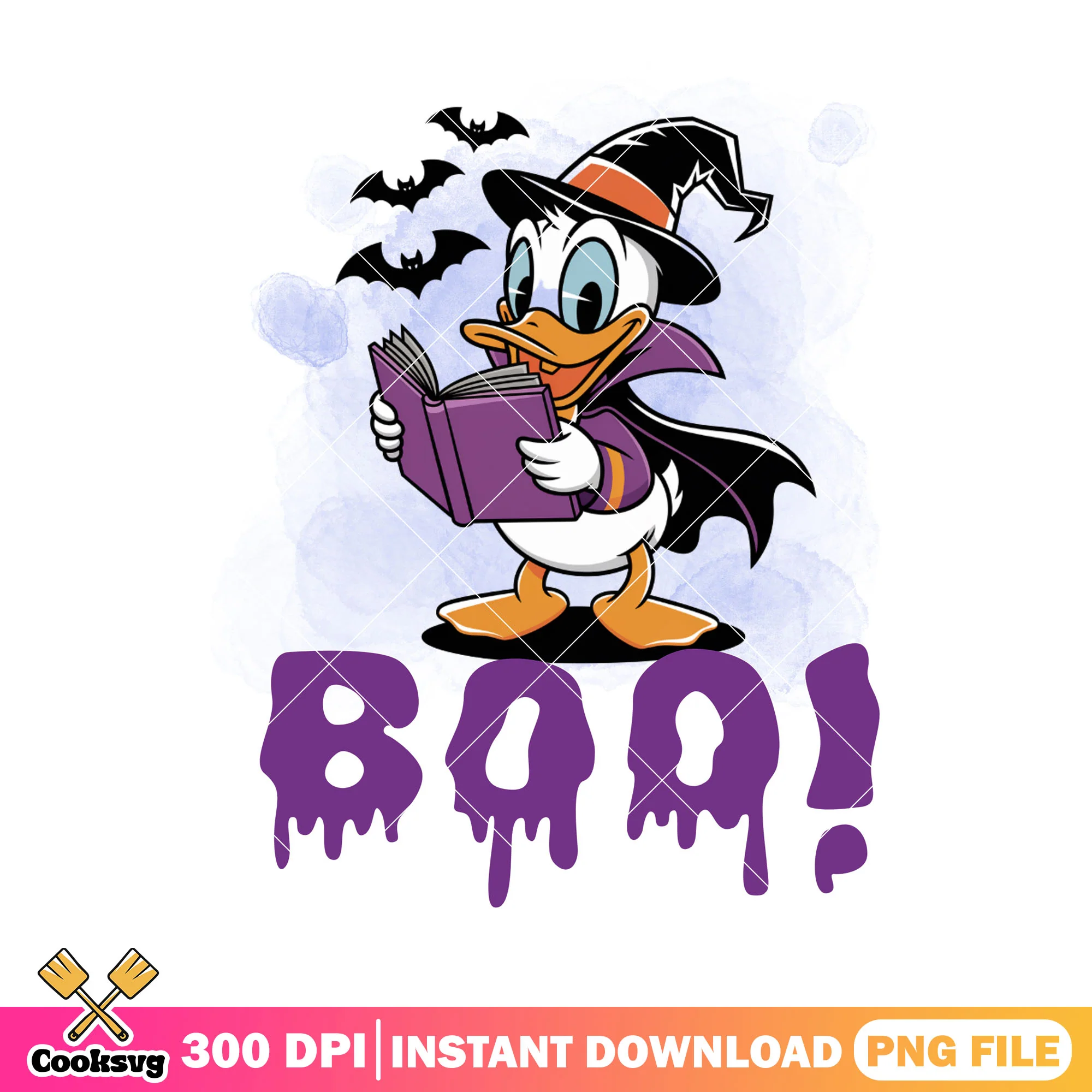 Purple book donald duck png, witch costume png, scary bats png