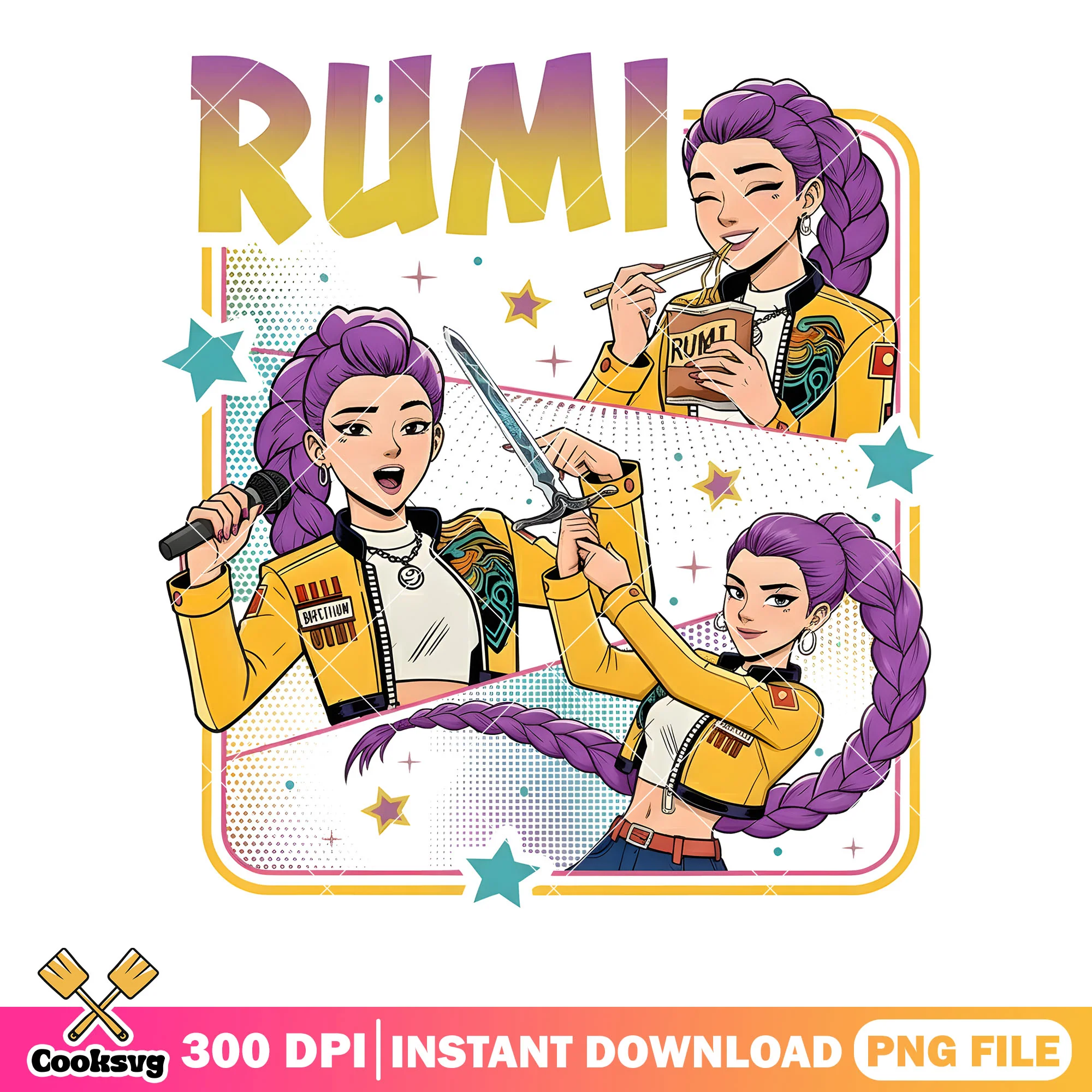Purple hair rumi girl png, rumi poster png, kpop rumi png