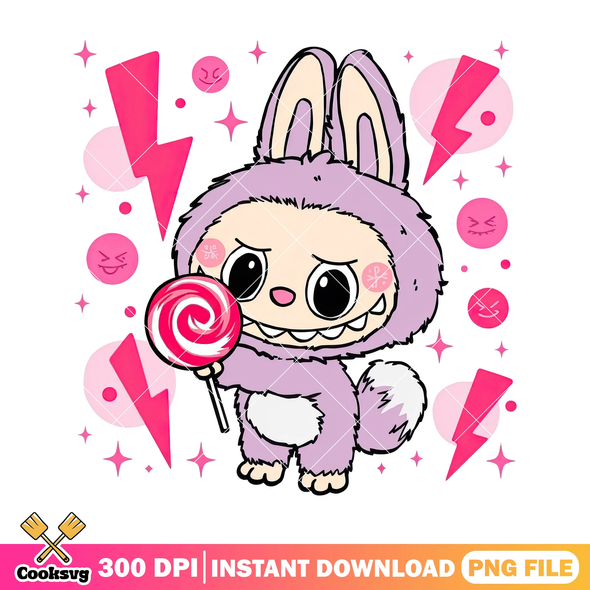 Purple labubu happy with candy png, labubu hehe png, labubu cartoon png