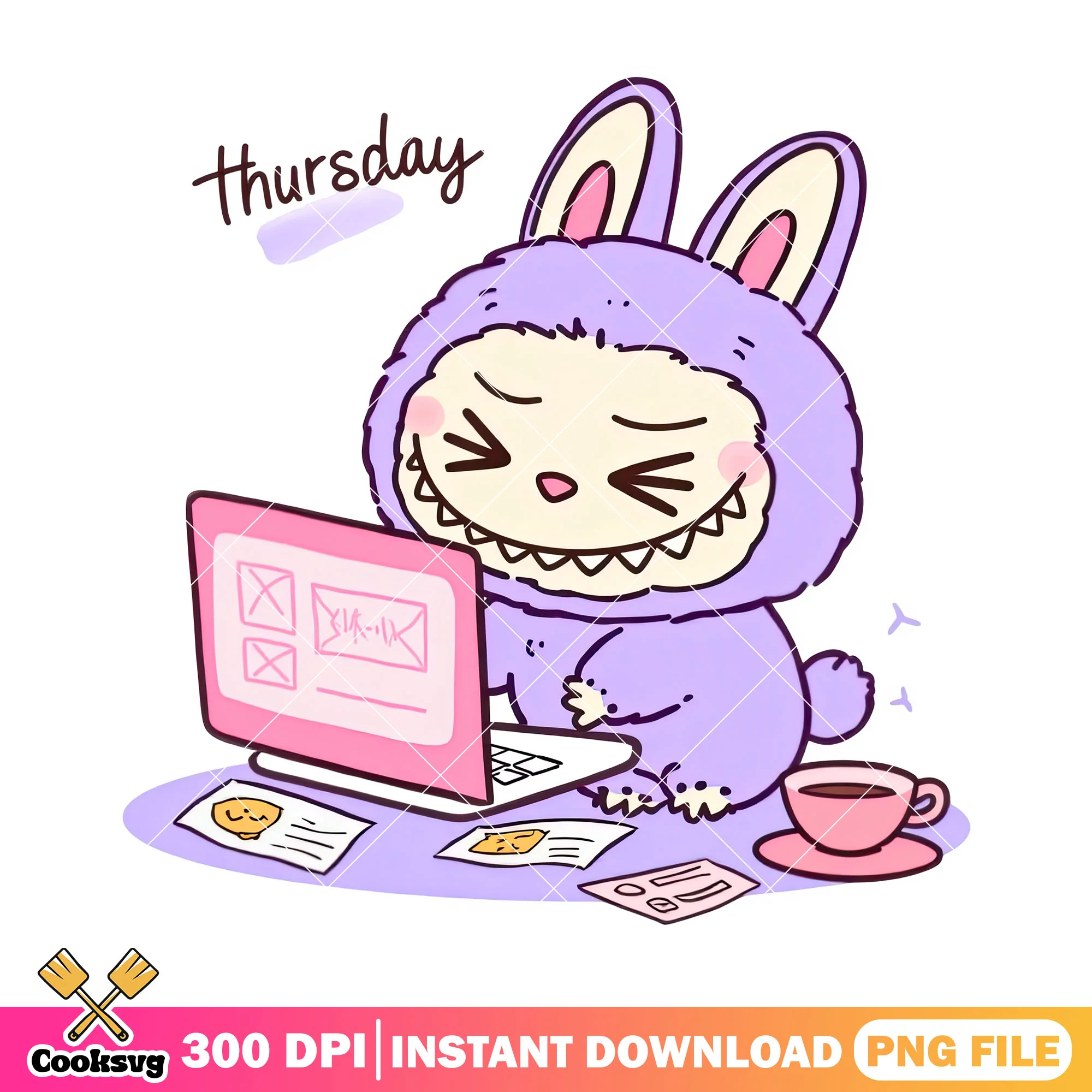 Purple labubu playing laptop png, labubu happy png, labubu monster png