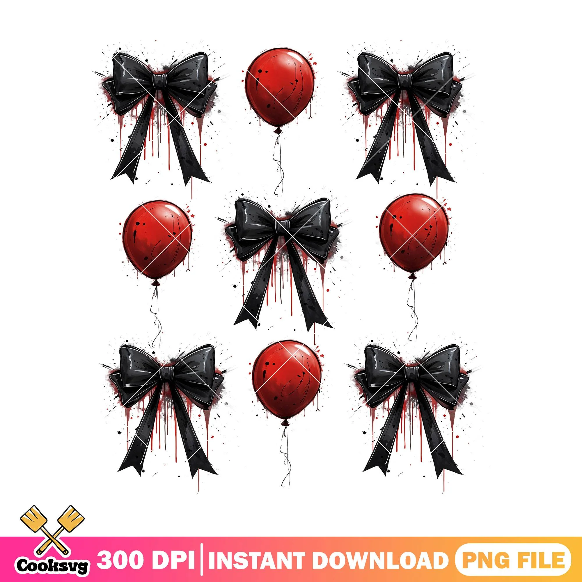 Red balloons design png, halloween art png, black bows png