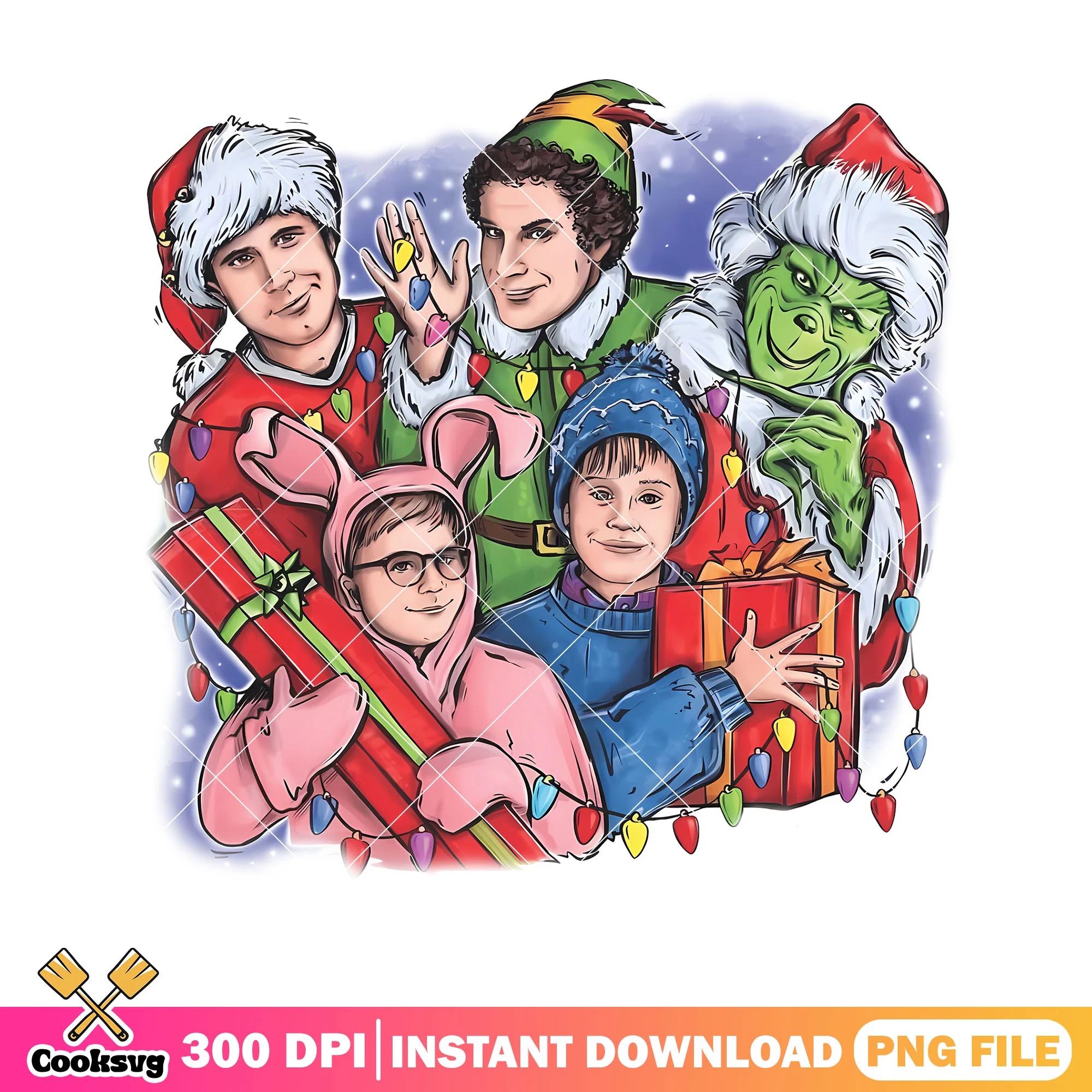 Retro christmas movie png, friends grinch png, elf gift lights png