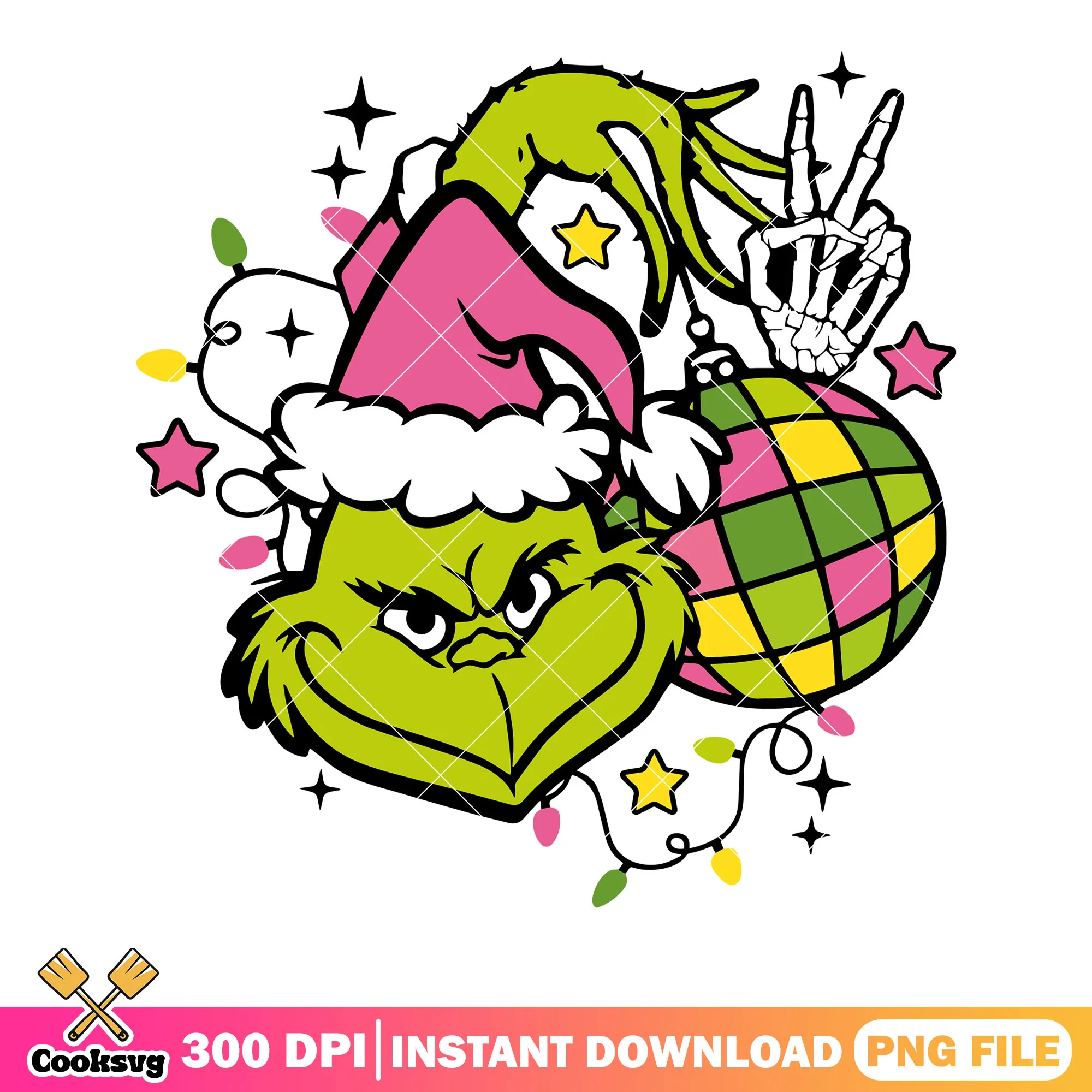 Retro grinch squad png, santa hat pink png, tangled light png