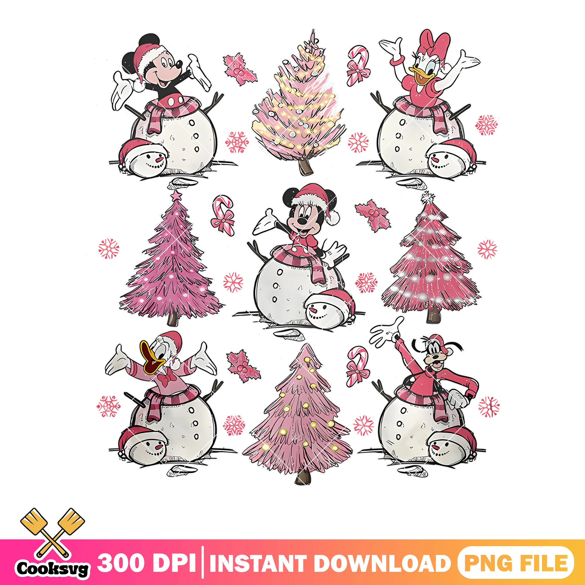 Retro groovy mickey png, minnie donald png, goofy snowmen png