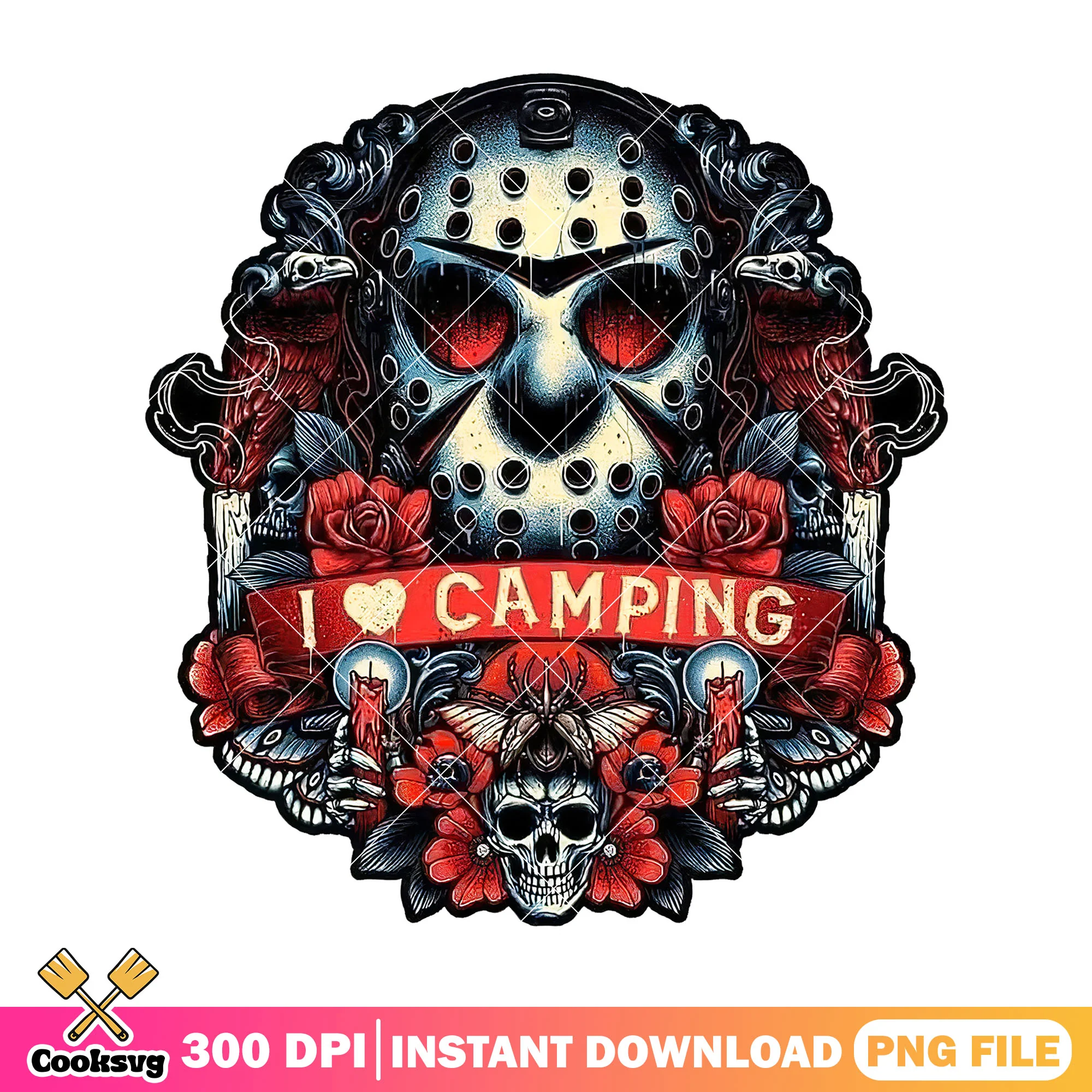 Retro jason face I love camping design png, halloween der film png