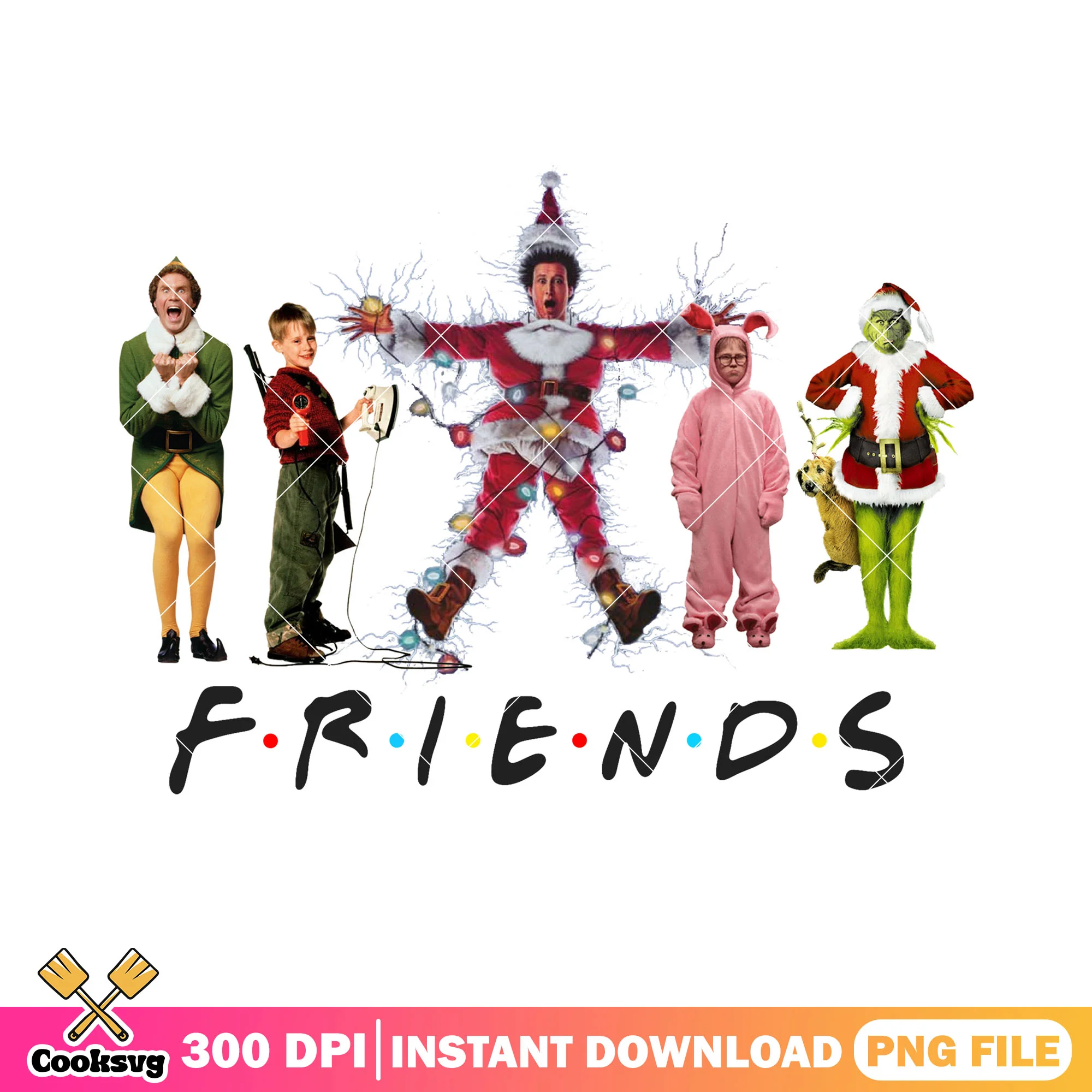 Retro movie friend logo png, grinch elf christmas png, santa claus png