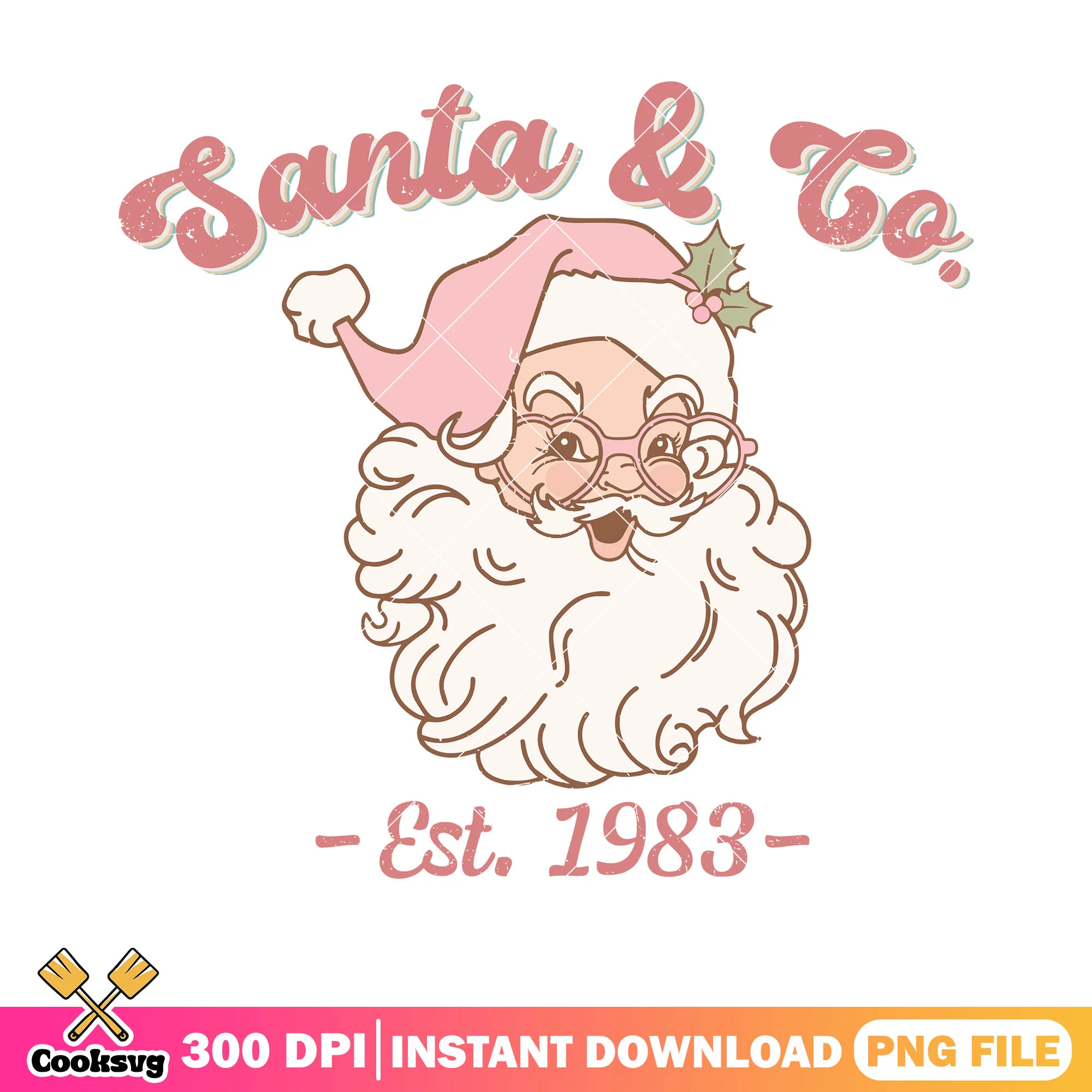 Retro pink santa claus png, santa cute pink png, holly santa hat png