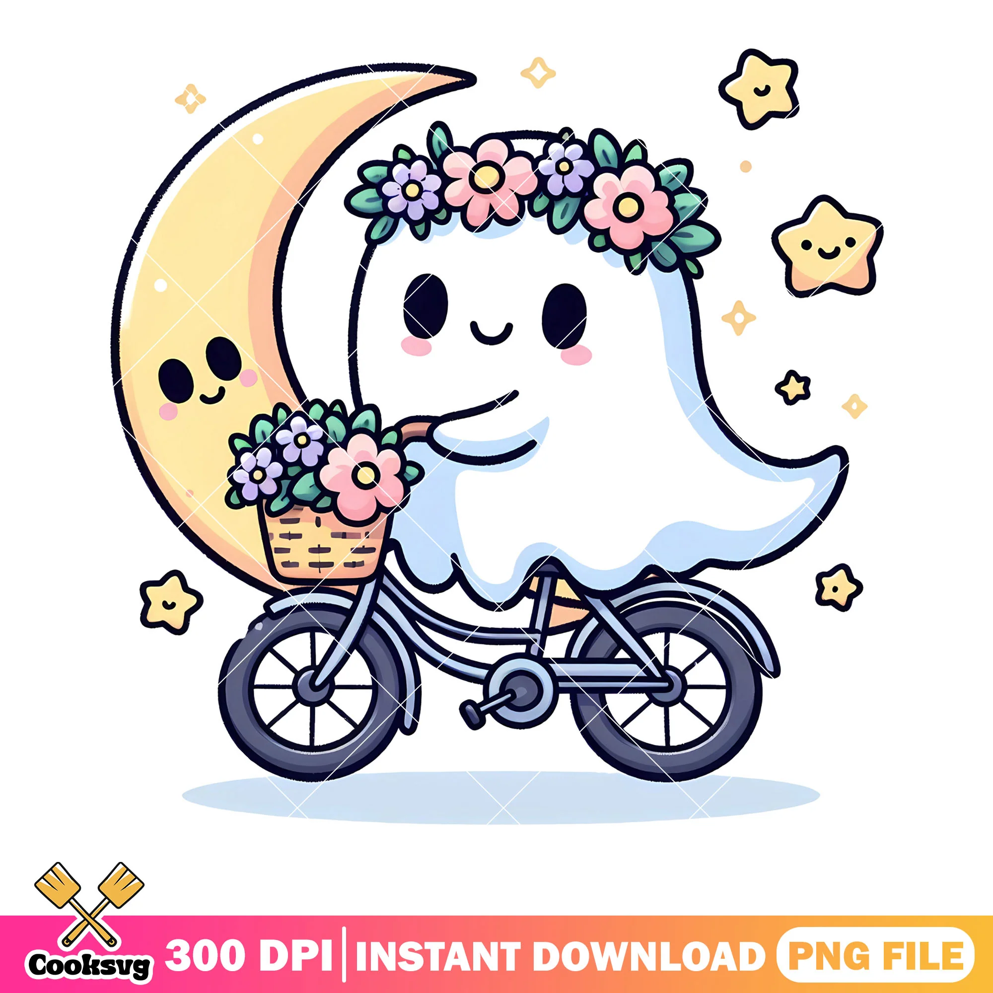 Riding bike starry night png, cresent moon png, halloween scary png