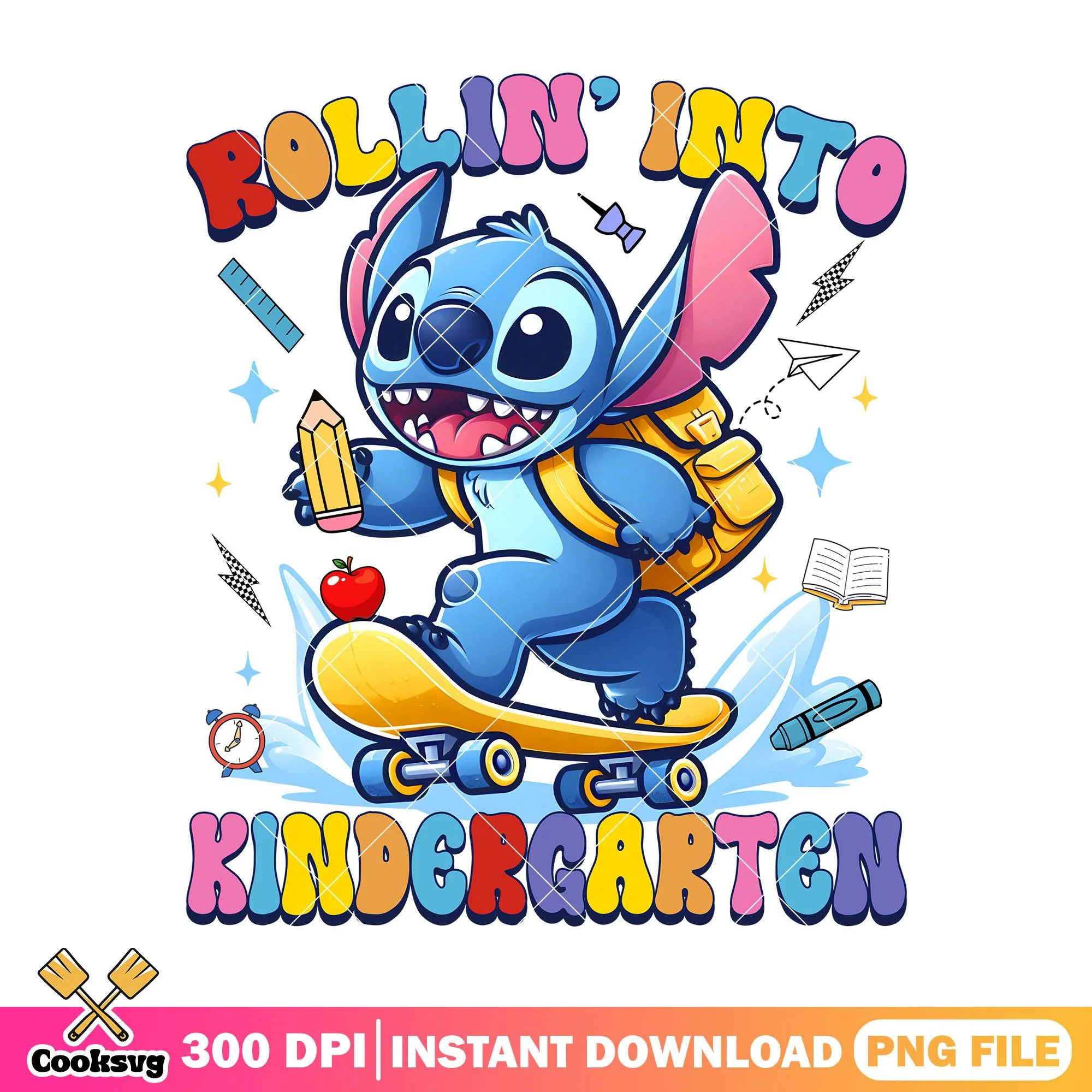 Rollin' into kindergarten png, back to school png, blue stitch png
