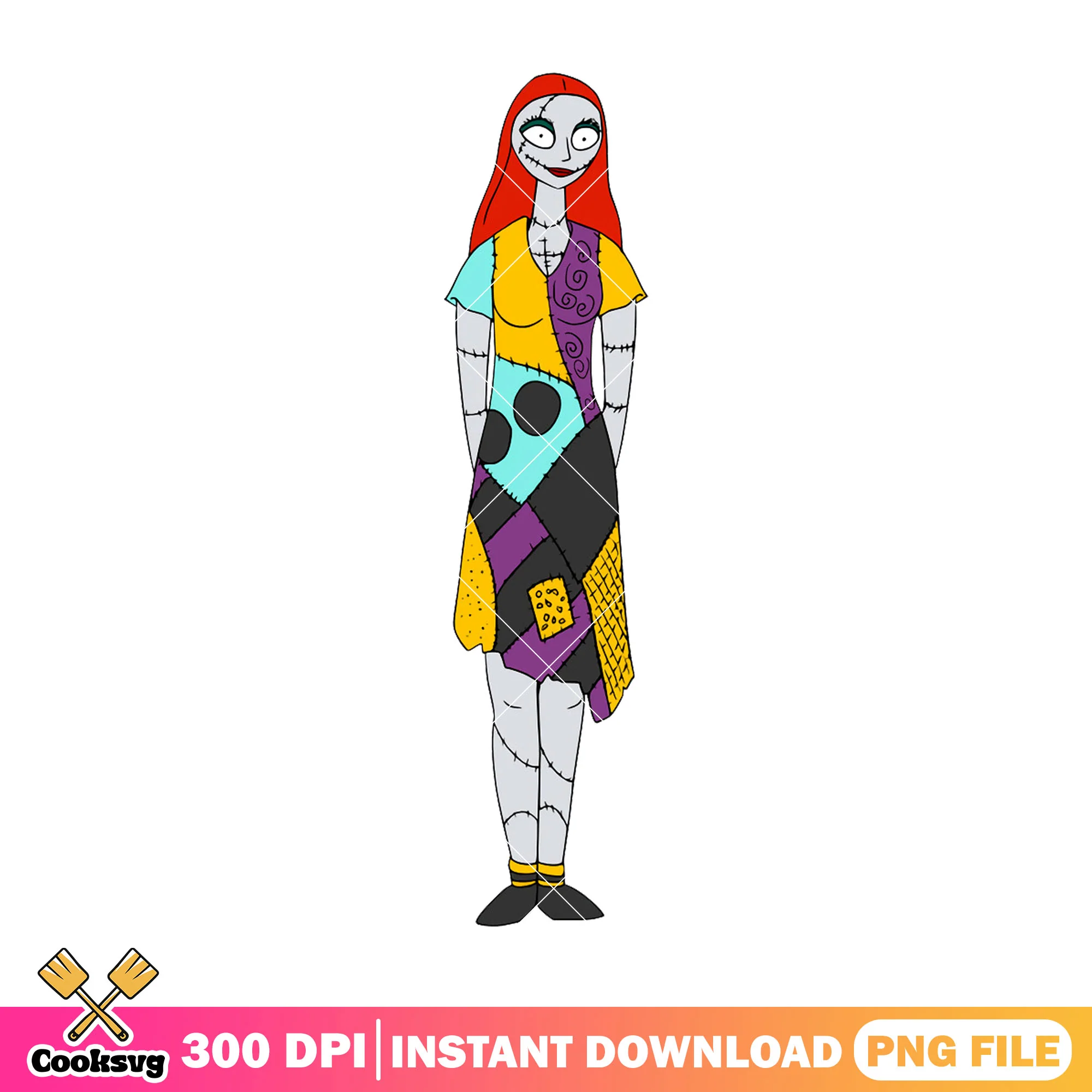 Sally happy outfit design png, halloween horror png, horror sally png