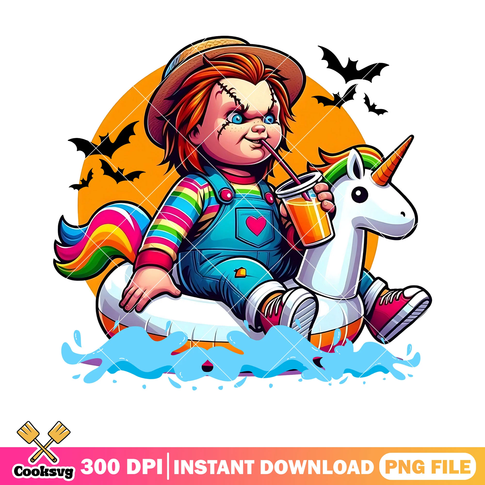 Scared Chucky doll png, summer vibes png, scary bats png