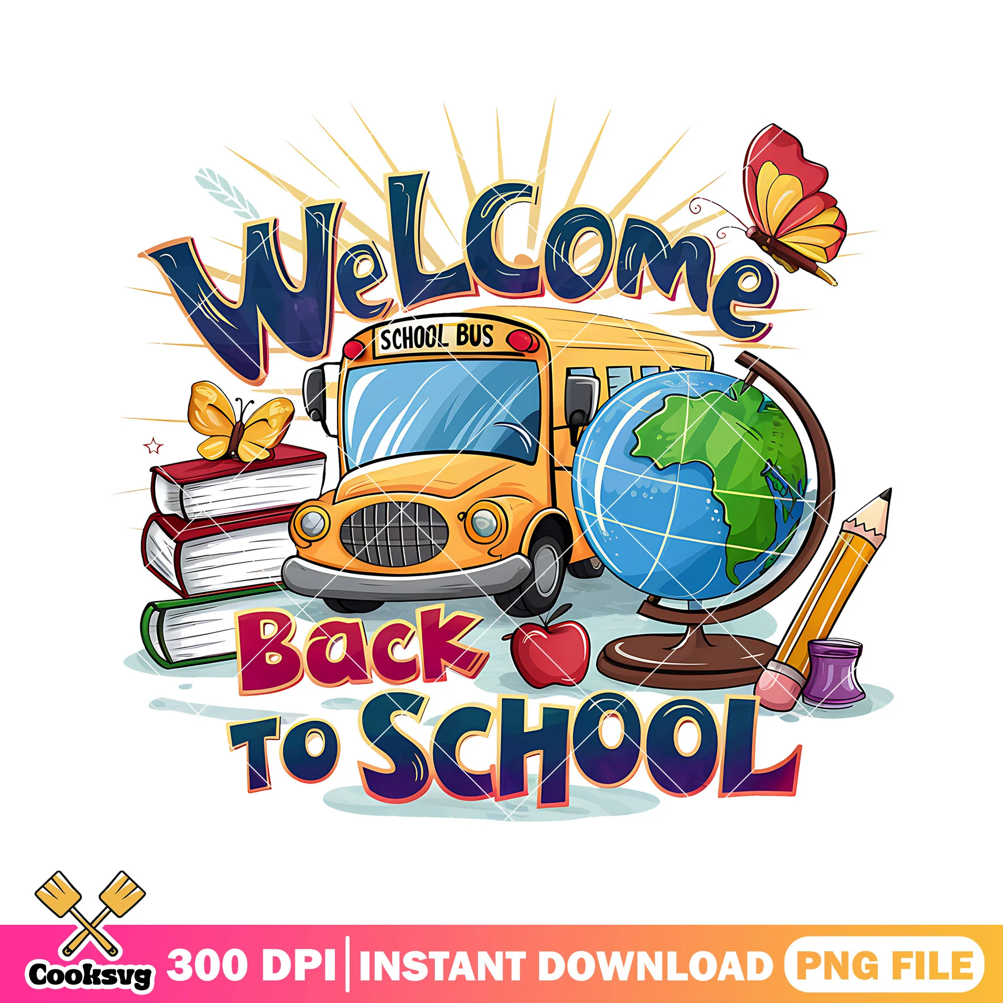 School bus back design png, supplies png, back to school idea png