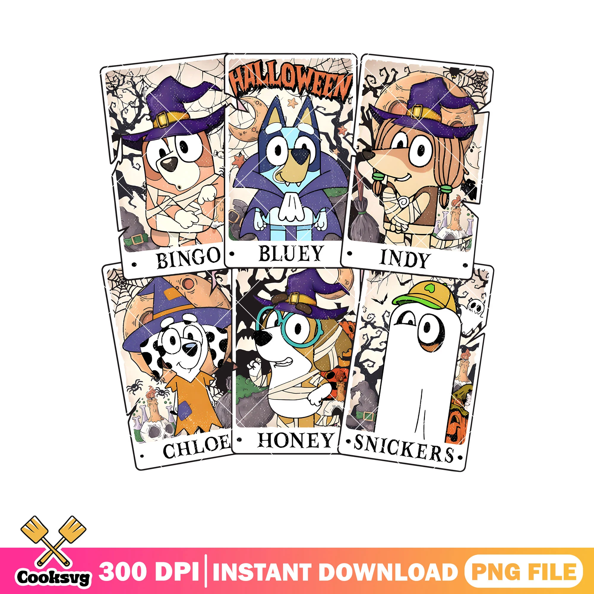 Set tarot car bluey halloween png, bluey sosplay png, bluey friends png