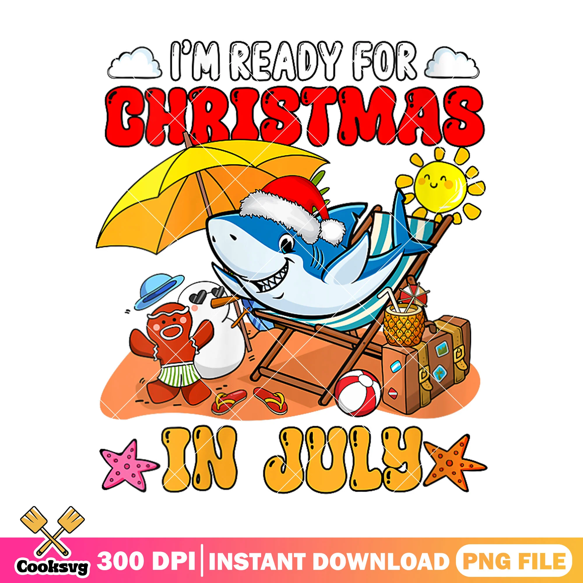 Shark ready for christmas in july png, christmas in july png, summer christmas png