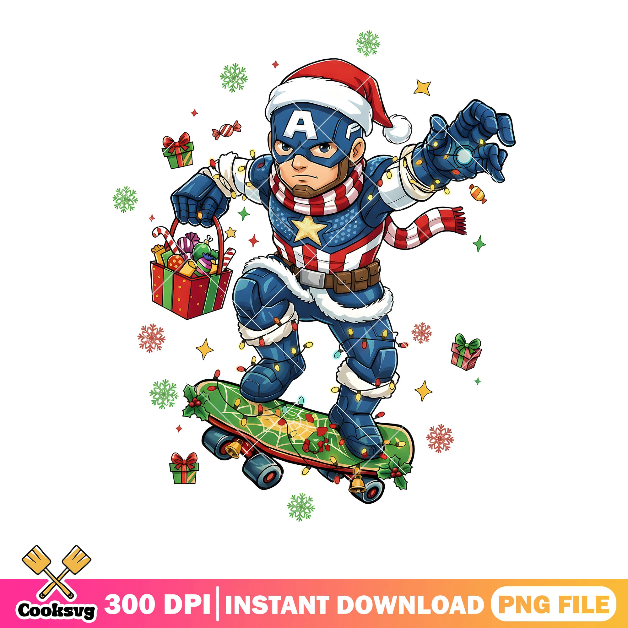 Skateboard christmas png, captain america png, christmas present png