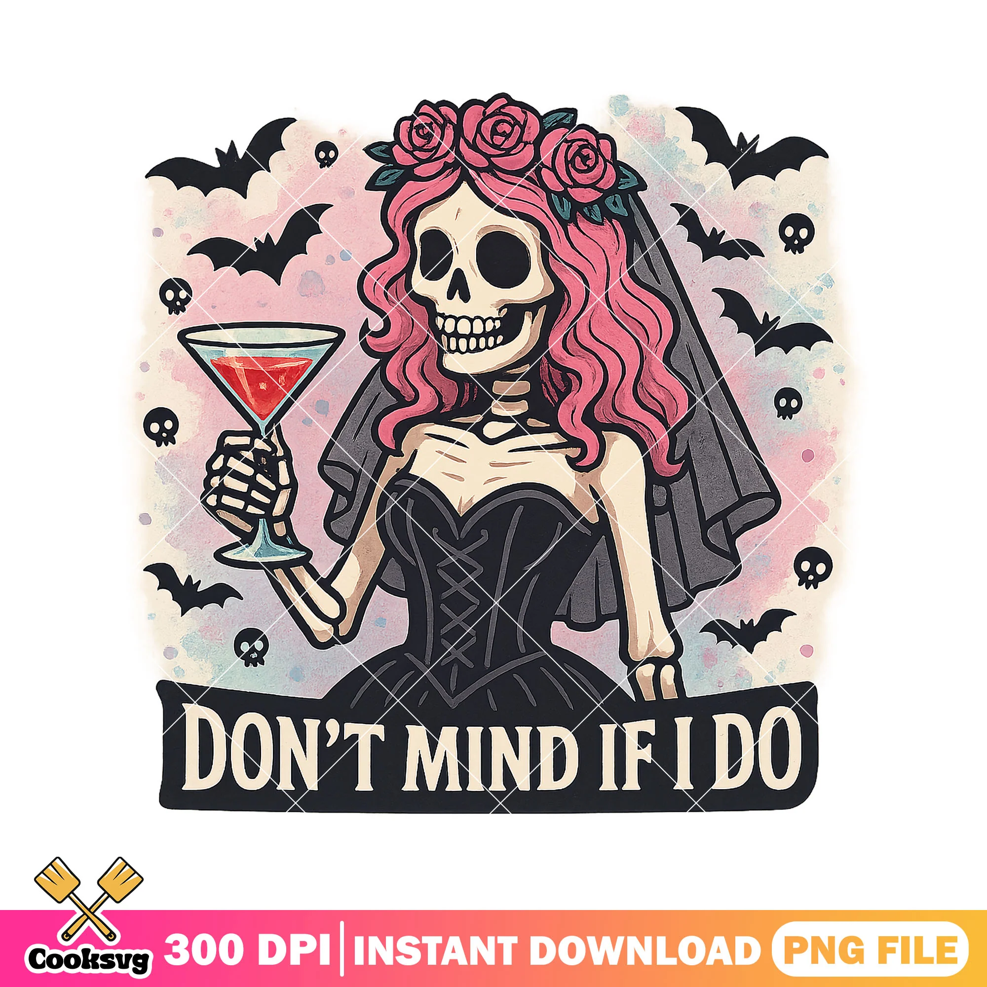 Skeleton bride cocktail png, horror wedding png, scary bride png