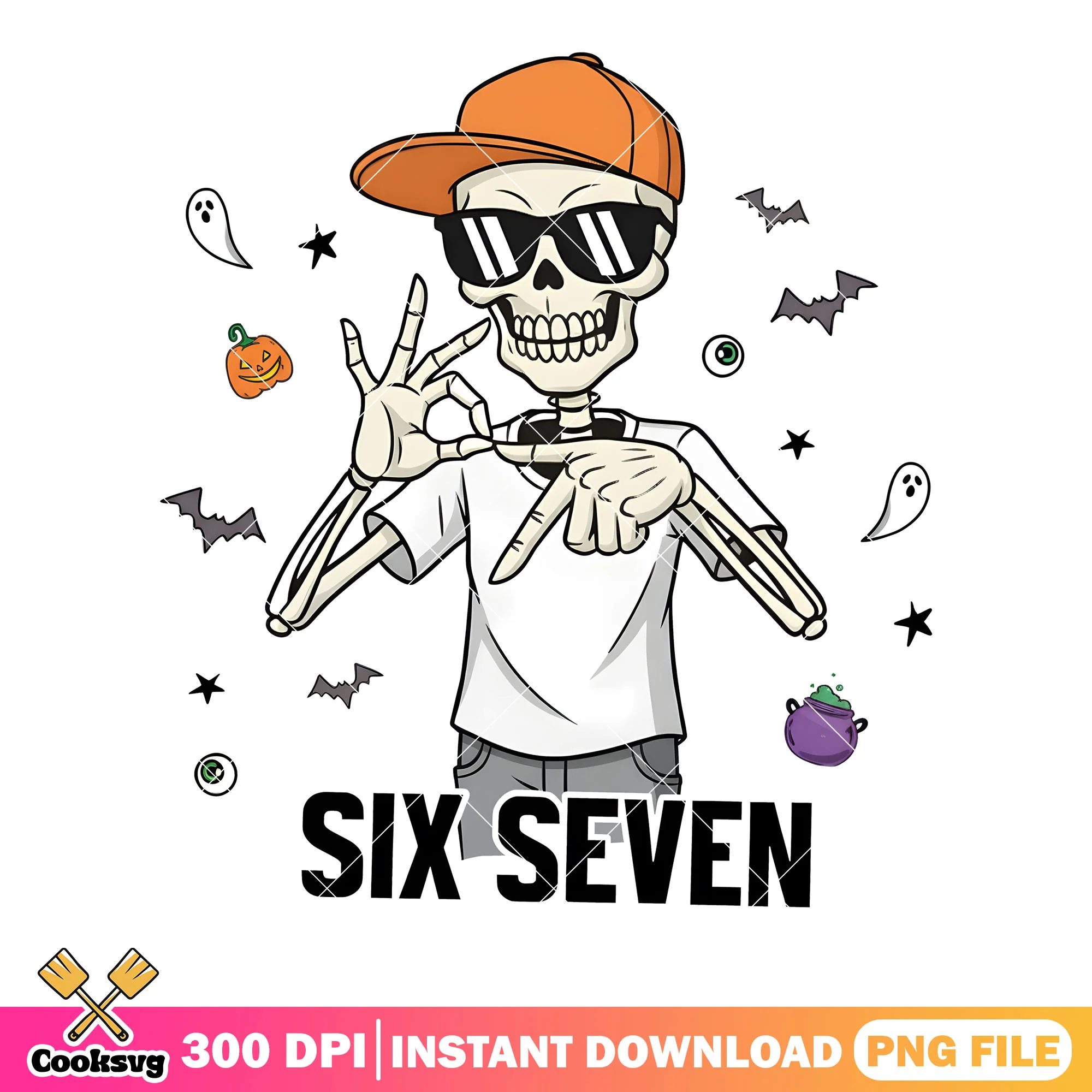 Skeleton six seven png, six seven halloween png, funny 67 trend png
