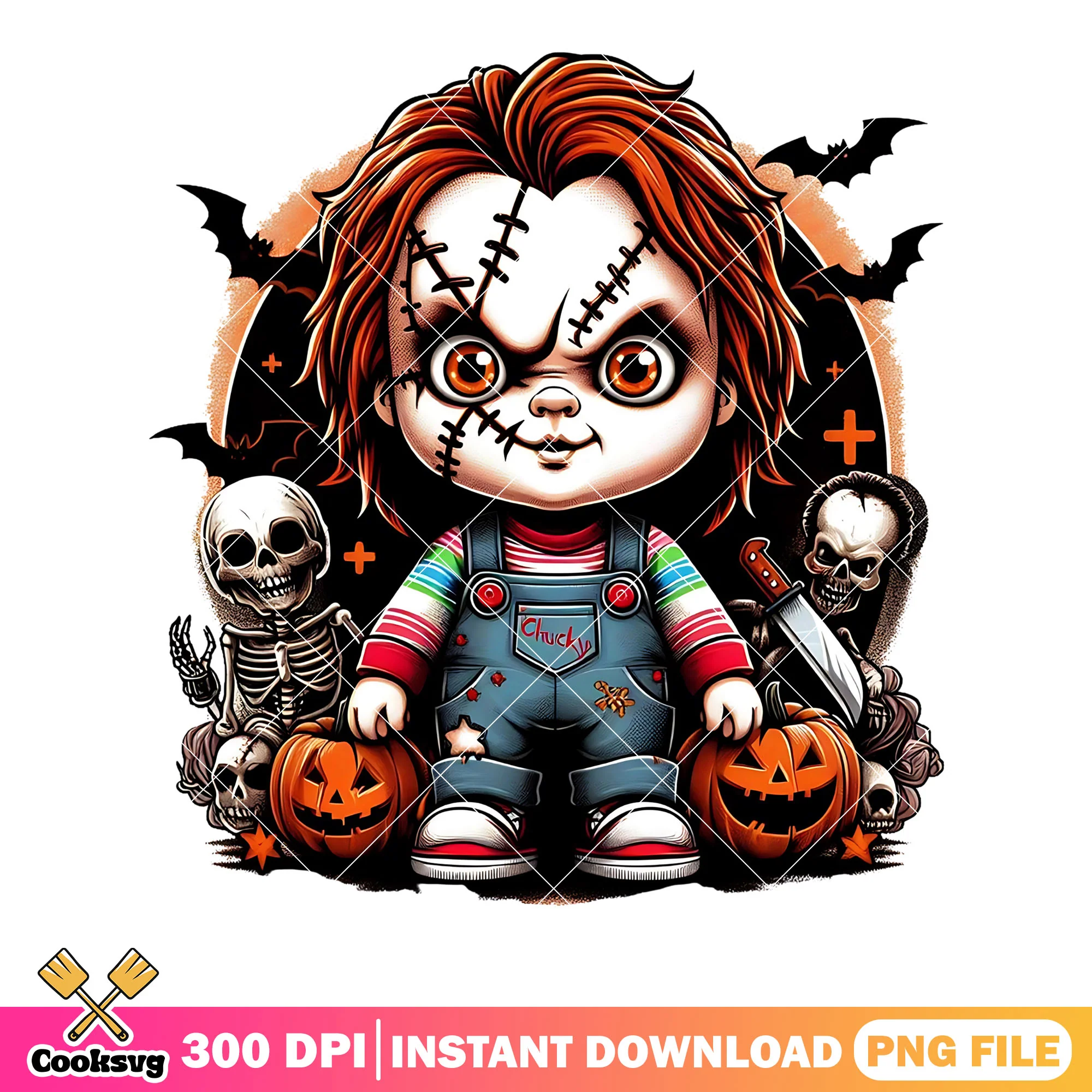 Skeleton wicker pumpkin png, chucky doll png, cute halloween png