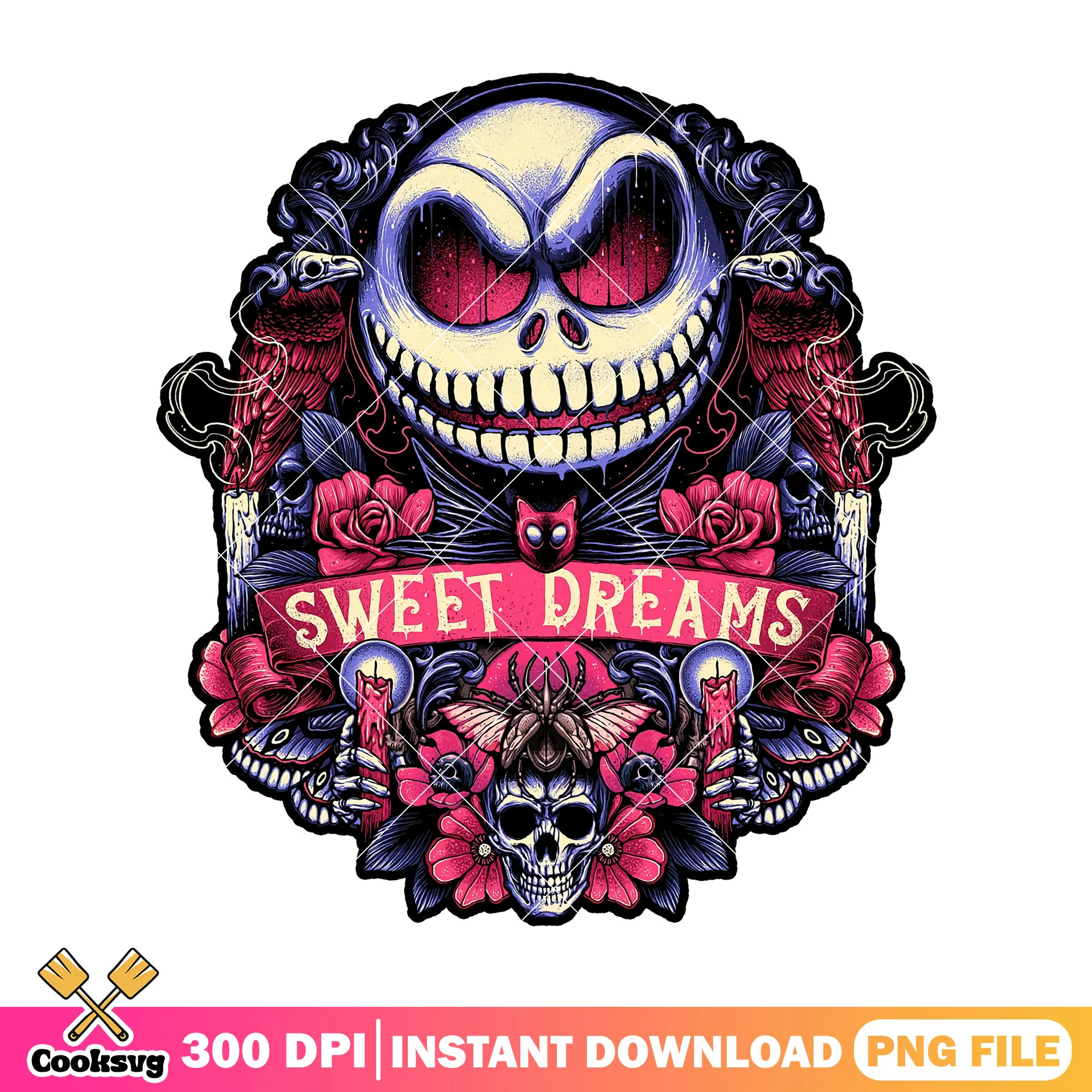 Skellington sweet dreams png, halloween decor png, nightmare movie png