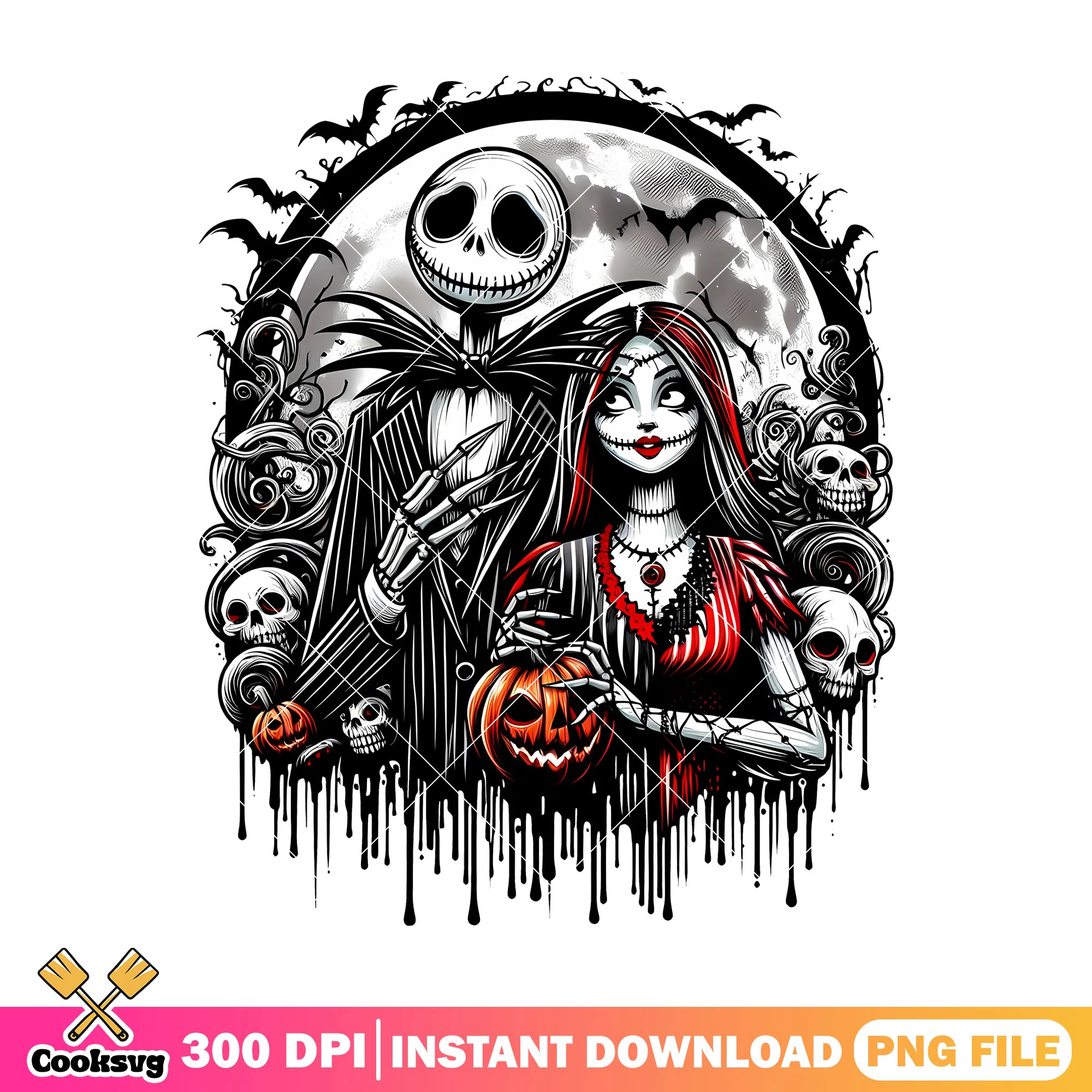Skull jack and sally design png, halloween horror png, disney art png