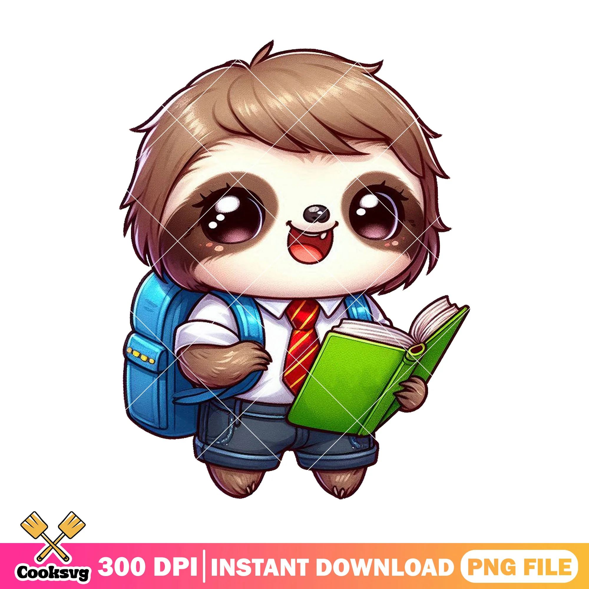 Sloth chibi reading png, sloth cute png, back to school clothes png