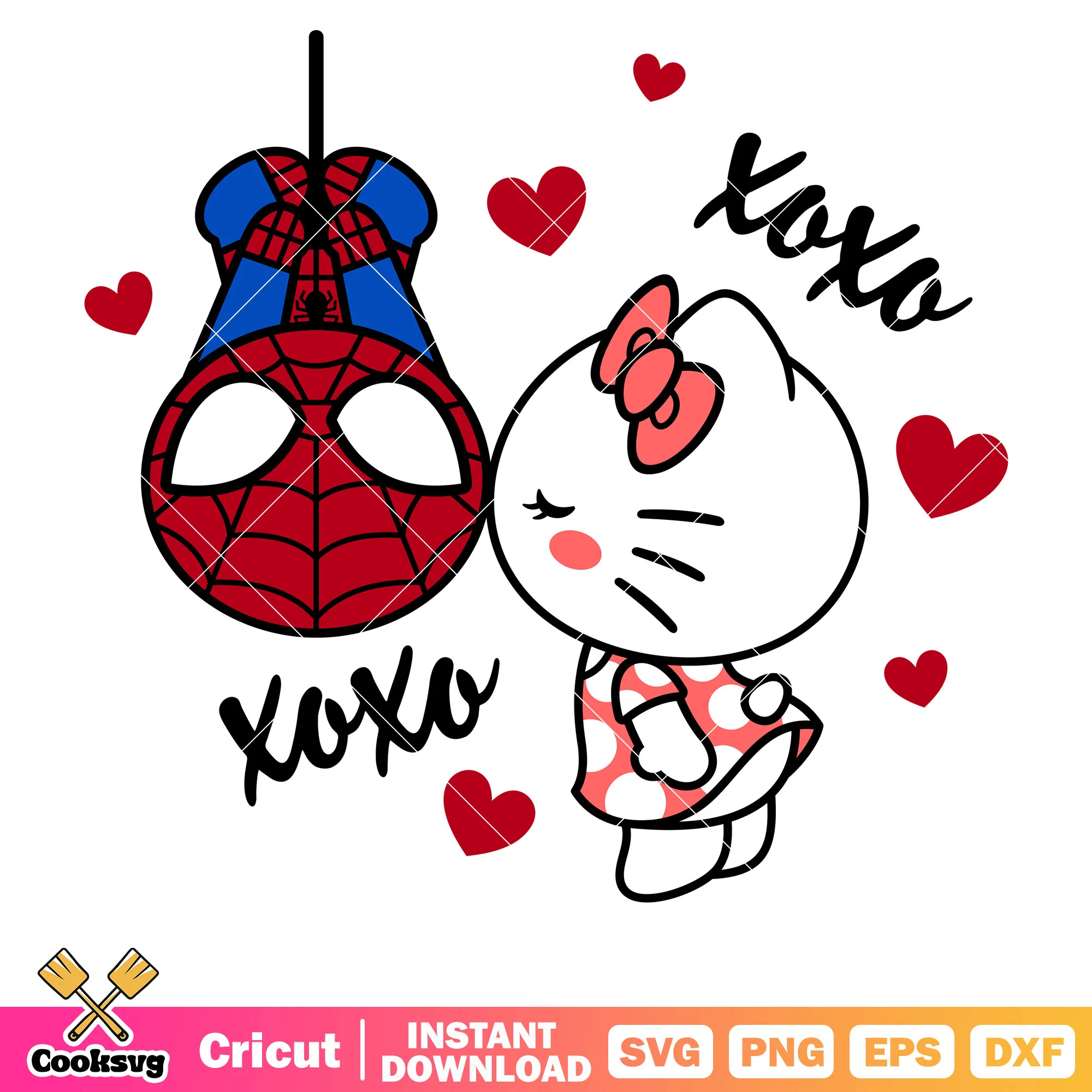 Spider man kissing hello kitty xoxo svg, hello kitty valentines svg